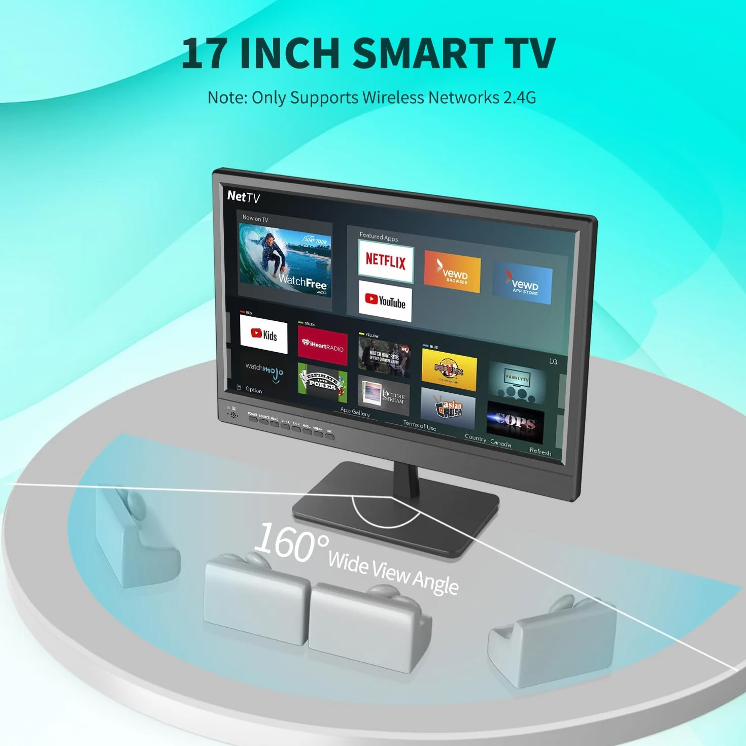KCR Smart TV, 17-calowy LED, cyfrowy DVB-T2, przenośny telewizor Freeview, gniazdo USB, wyjście słuchawkowe, pilot zdalnego sterowania koncentryczny, wejście AV, wejście HDMI, czarny
