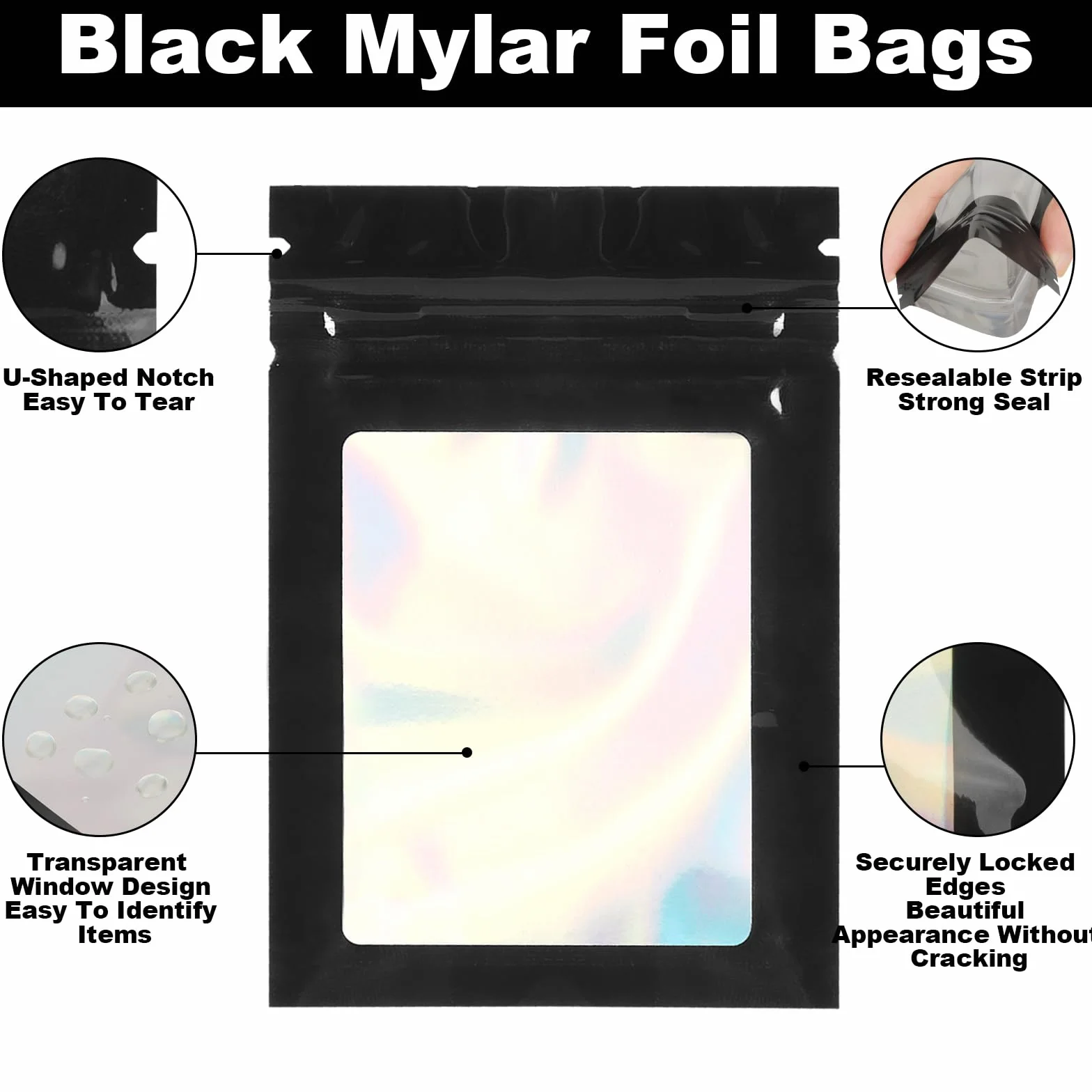 KOMABLEN Mylar Bags, 100 sztuk czarnych woreczków Mylar, 7 x 10 cm, plastikowe torebki wielokrotnego zamykania, torebki strunowe z przezroczystym okienkiem, torby na biżuterię, słodycze