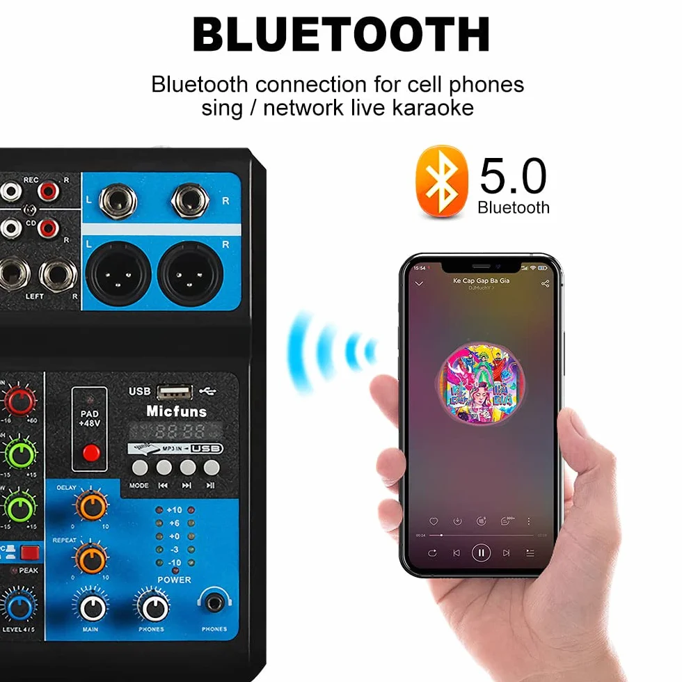 Mini DJ Mikser Sound Board Console System, 5 kanałów 48 V Phantom Power z Bluetooth USB MP3 Stereo Live DJ Studio Streaming na profesjonalne nagrywanie KTV Stage