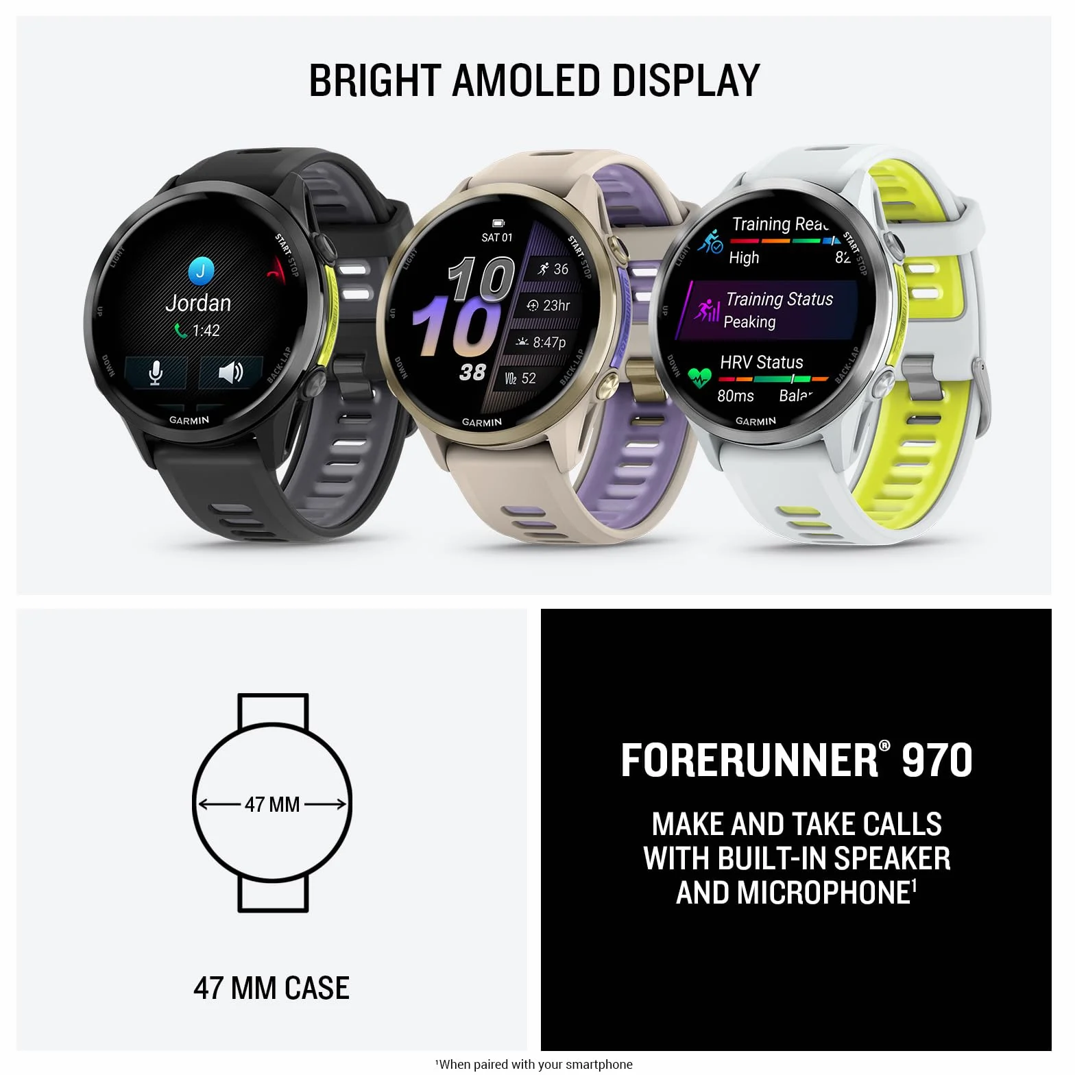 Garmin® Forerunner® 970, Premium GPS Running and Triathlon Smartwatch, AMOLED Display, Built-in LED Flashlight, Titanium with Whitestone Case and Whitestone/Translucent Amp Yellow Band