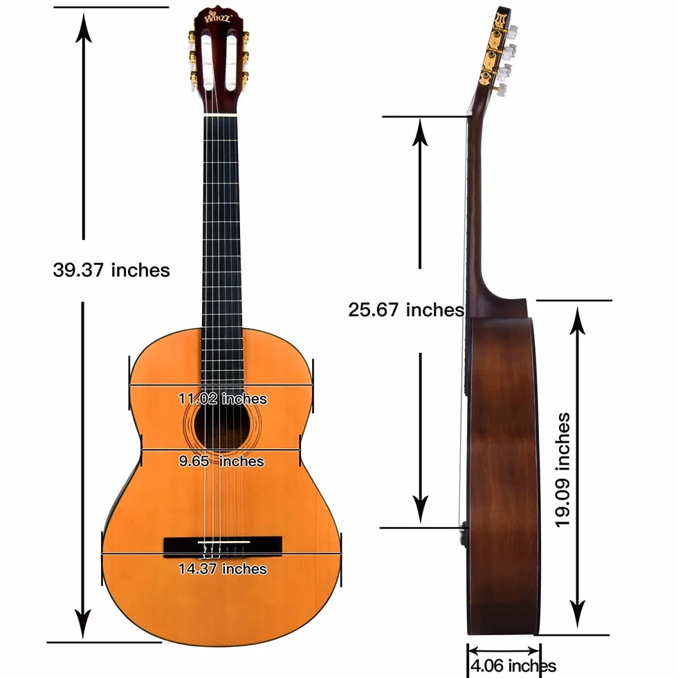 Winzz Gitara koncertowa dla dorosłych 4/4, masywny sufit, wysokiej jakości gitara klasyczna dla początkujących i profesjonalistów, gitara klasyczna 4/4, zestaw dla początkujących (90 cm, pełny
