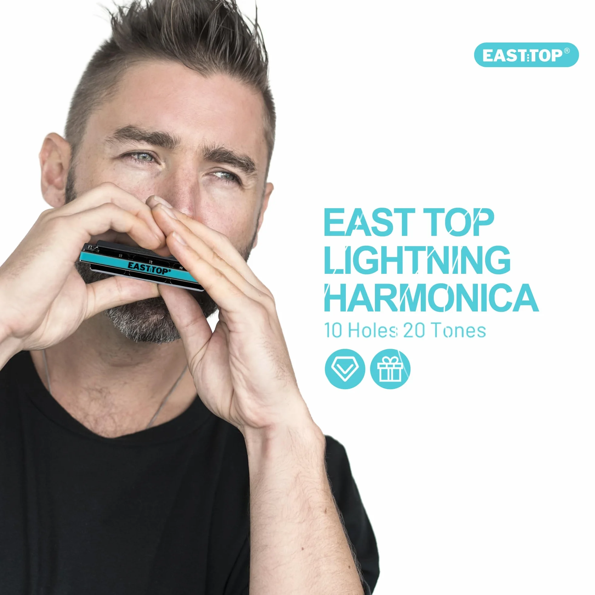 East top Harmonijka Lightning, zaawansowana harmonijka diatoniczna w tonacji A, 10-otworowa harmonijka ustna ze srebrną pokrywą, harmonijki bluesowe dla dorosłych, profesjonalistów i uczniów