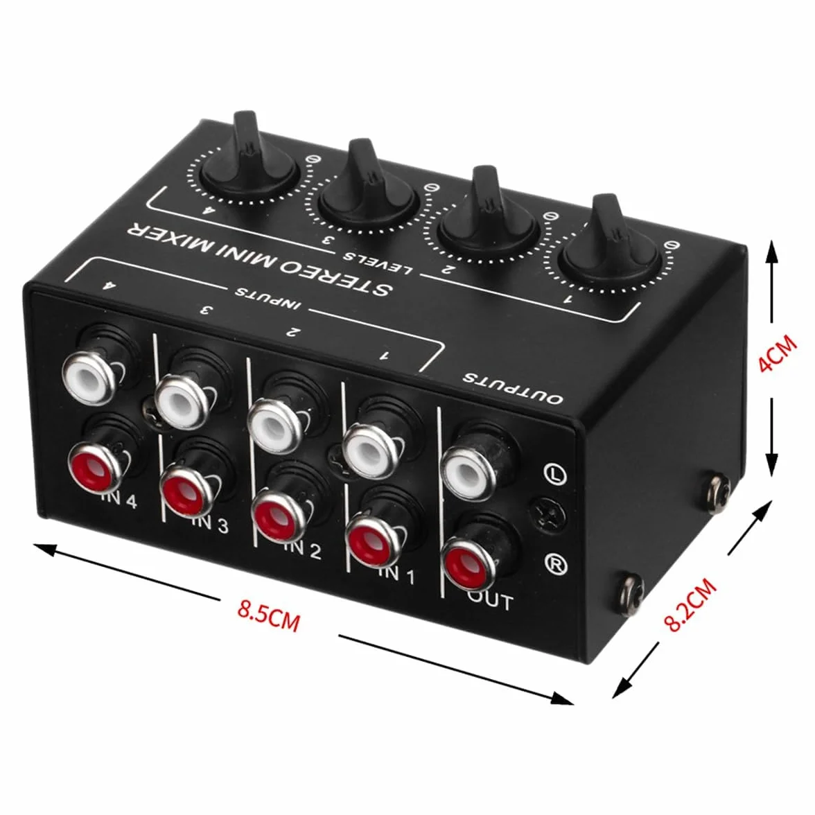 4-kanałowy mikser audio stereo, obsługuje wejście i wyjście RCA, mini pasywny mikser stereo z oddzielnymi regulatorami głośności