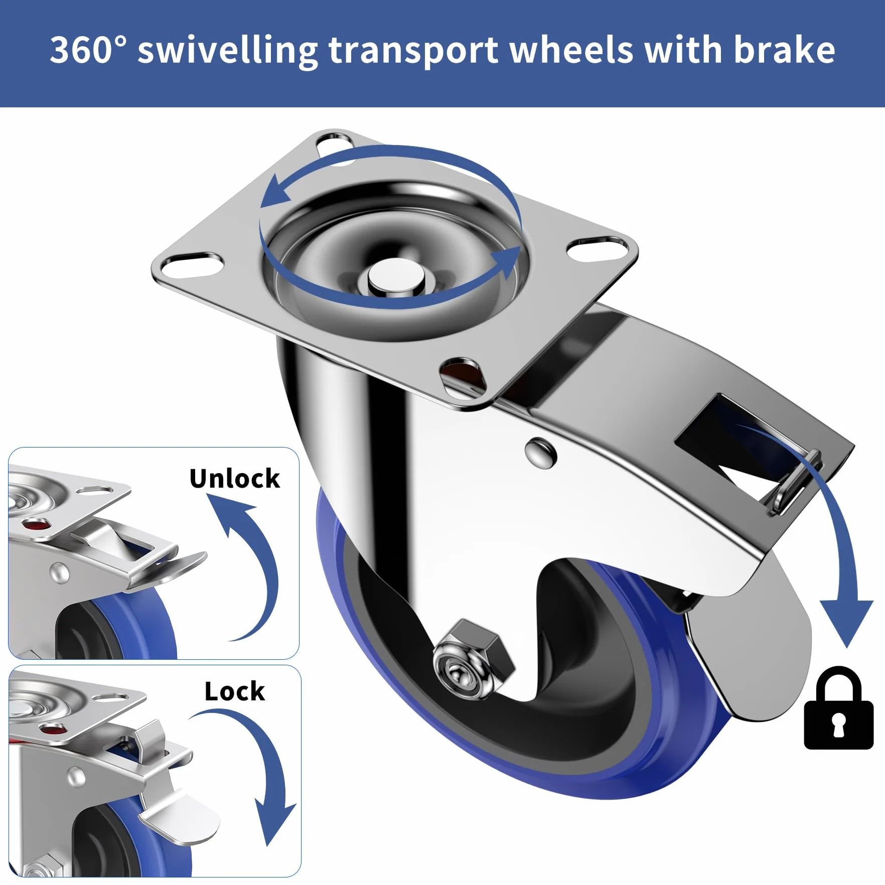 Forever Speed kółka do dużych obciążeń 100 mm, 4 sztuki, gumowe kółka skrętne z hamulcem, Premium rolki transportowe do 200 kg, 360-stopniowe kółka meblowe, przemysłowe roleczki, do dużych obciążeń do