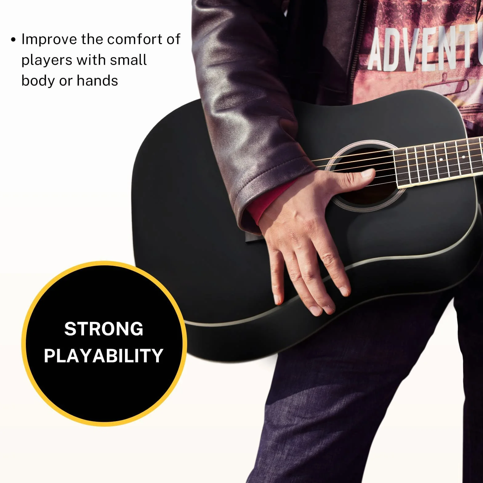 Donner Gitara akustyczna dla początkujących dorosłych 91 cm Dreadnought rozmiar 3/4 czarna gitara zestaw zestaw podróżny świerk drewno z torbą na koncert capo tuner pasek struna kostki gitarowe