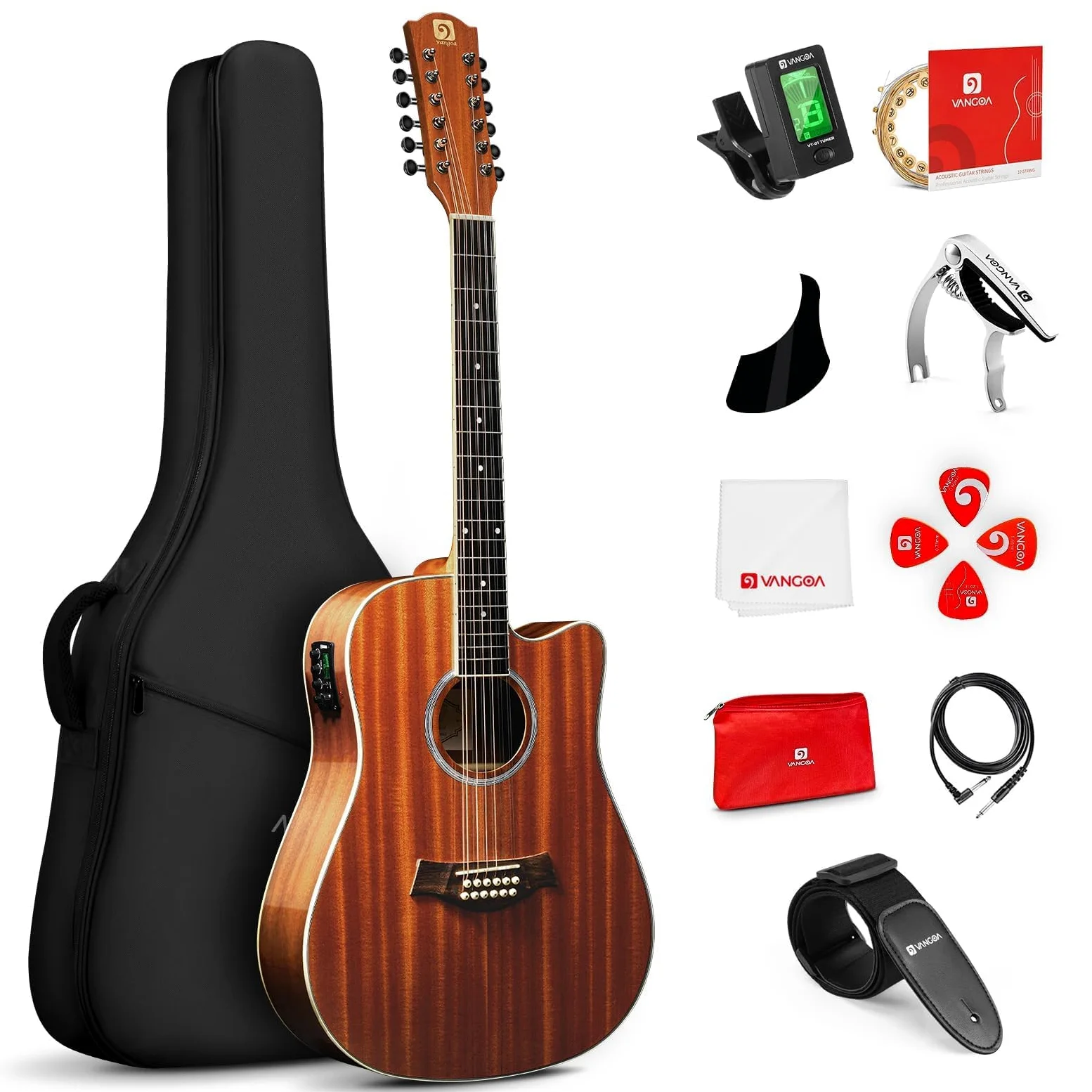 Vangoa gitara elektroakustyczna 12 strun dla początkujących, średniozaawansowanych, dorosłych, nastolatków, 41 cali, korpus z Sapele, zestaw startowy z ulepszonymi elementami, dla praworęcznych