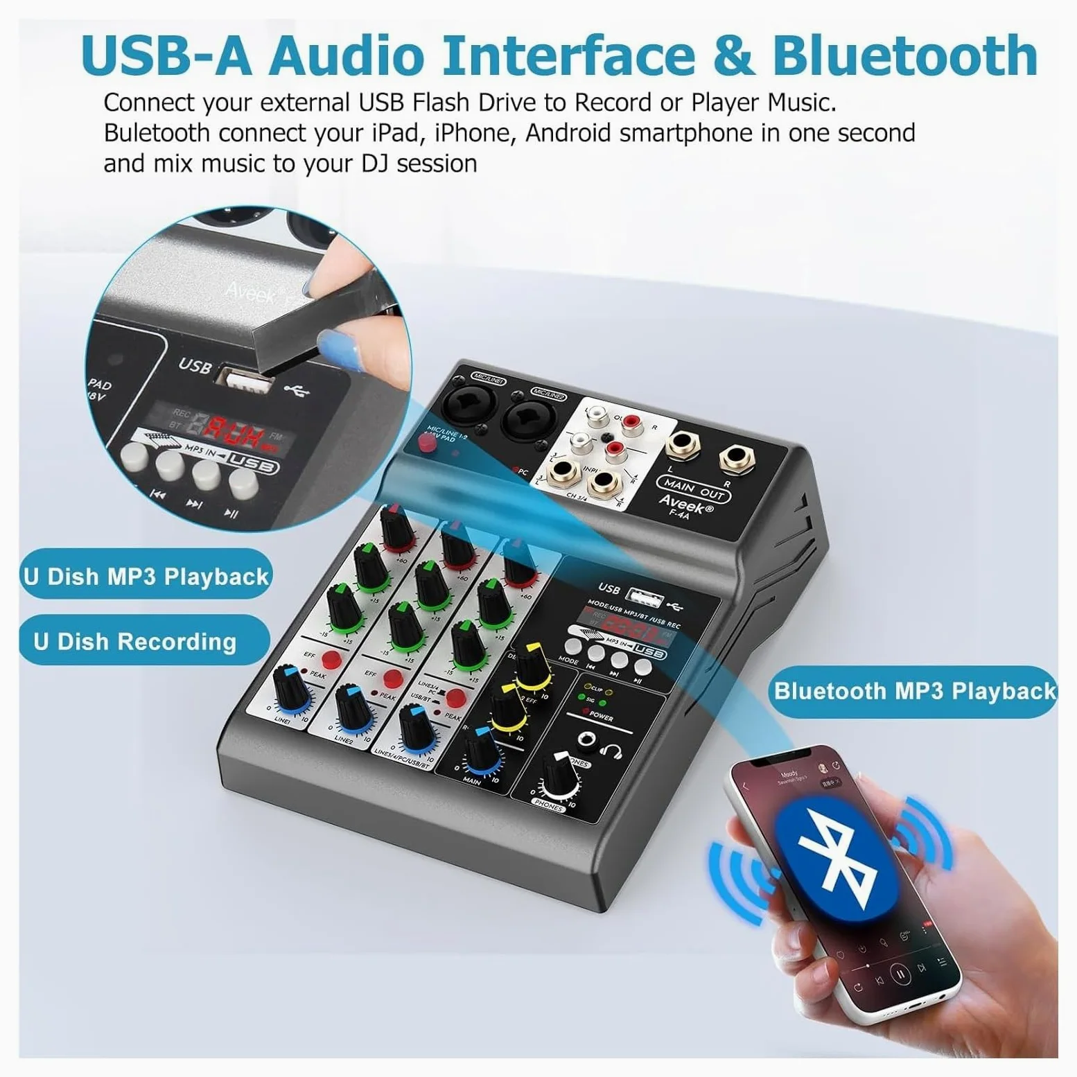 Profesjonalny mikser, konsola miksująca Sound Board z 4-kanałowym cyfrowym efektem opóźnienia echa USB Bluetooth, wejście 48 V stereo