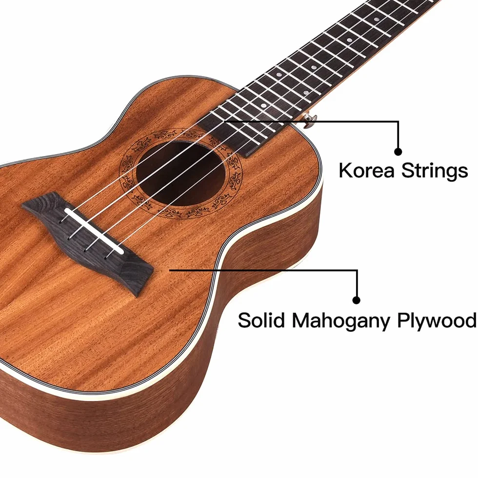 Winzz Ukulele koncertowe 60 cm dla dorosłych początkujących, mahoniowe drewniane ukulele zestaw startowy ze stojakiem i kapodastrem