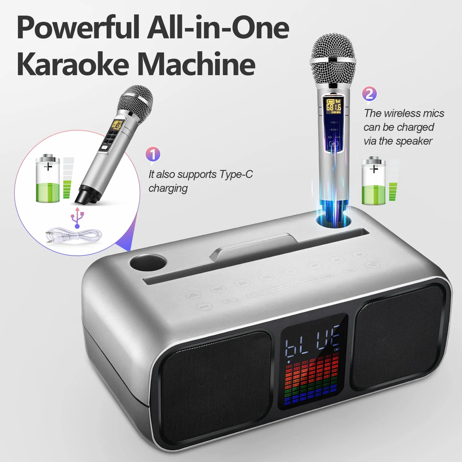 Zestaw do karaoke Party Speaker z 2 bezprzewodowymi mikrofonami, głośnik do karaoke Bluetooth z ekranem dotykowym, diodami LED i podstawkami na telefon, głośnik do karaoke dla dzieci z /USB