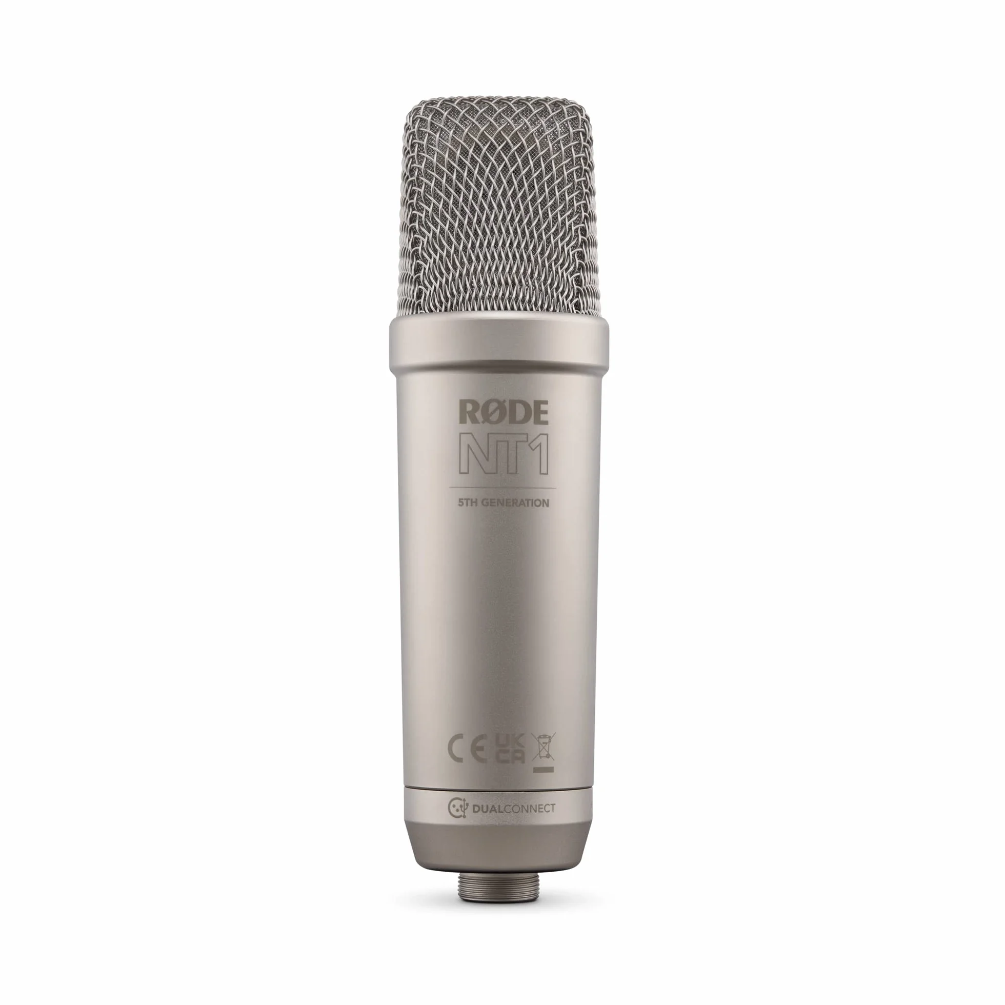 RØDE Studyjny mikrofon pojemnościowy NT1 5. generacji z dużą membraną, wyjściami XLR i USB, mocowaniem antywstrząsowym oraz pop filtrem do produkcji muzycznej, nagrywania wokalu i podcastów, Srebrny