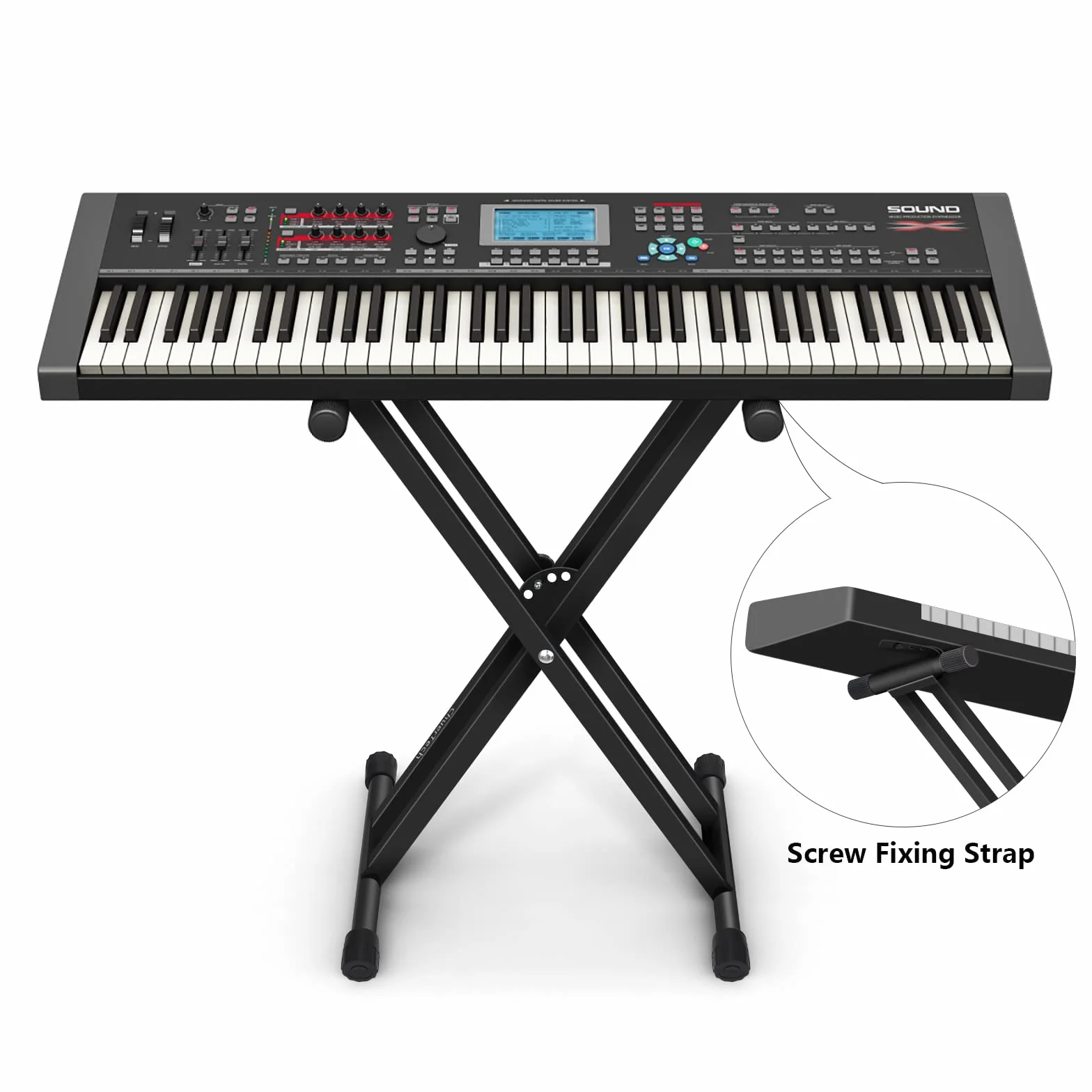 Stojak na keyboard, podwójny wspornik, 7-stopniowa regulacja wysokości, antypoślizgowy, składany, stabilny stojak na fortepian z pasami regulacyjnymi, uchwyt na fortepian – czarny