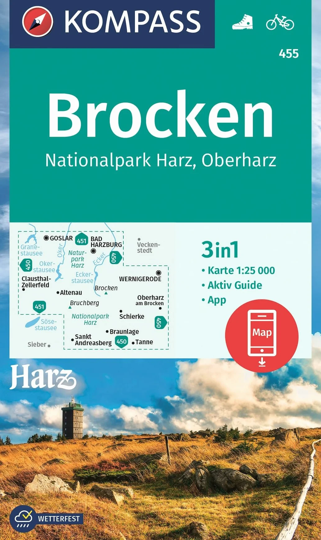 KOMPASS Wanderkarte 455 Brocken, Nationalpark Harz, Oberharz 1:25.000: 3in1 Wanderkarte, mit Aktiv Guide inklusive Karte zur offline Verwendung in der KOMPASS-App. Fahrradfahren.