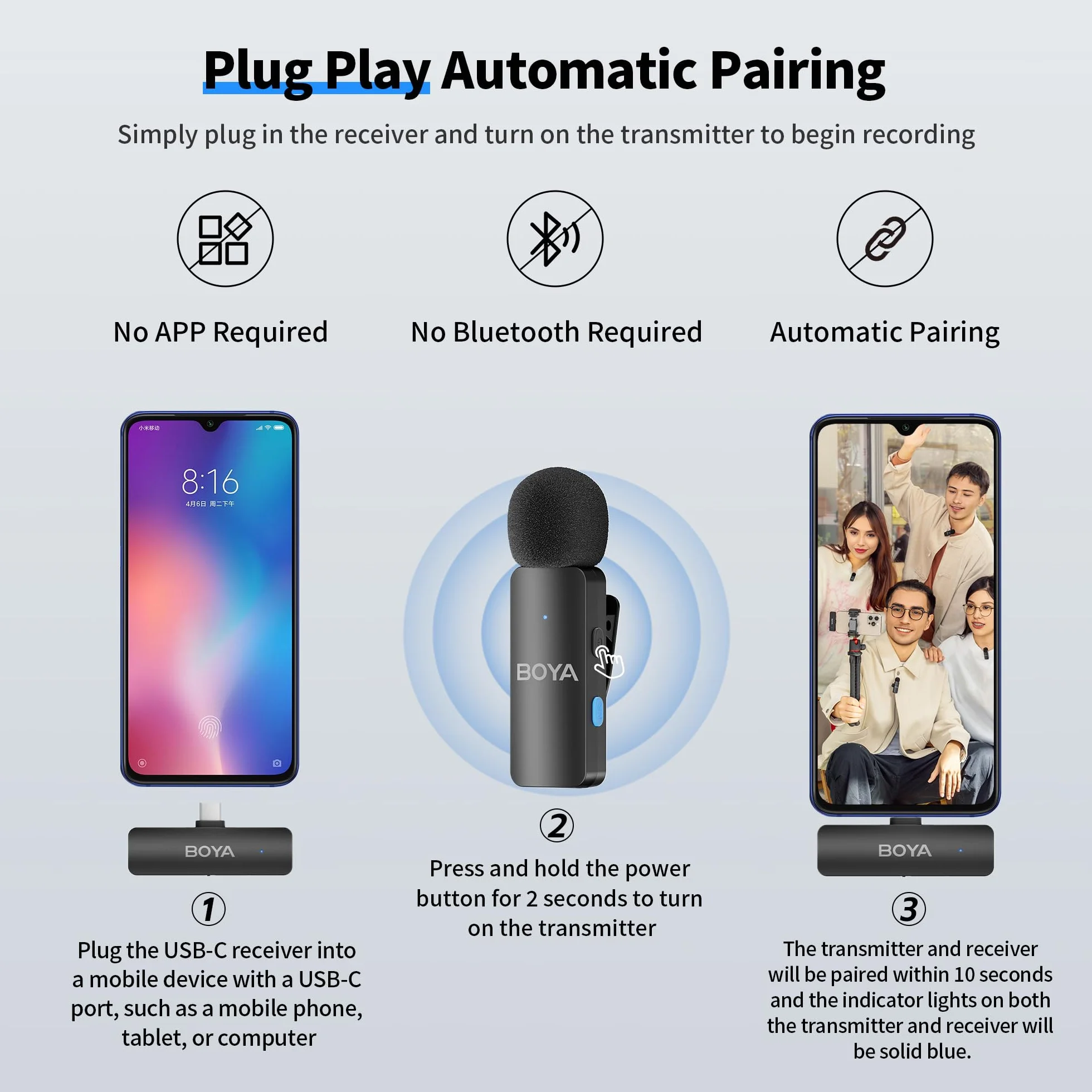 Boya BY-V4U Bezprzewodowy Mikrofon Krawatowy do Androida iPhone 15/16 Series, Zasięg 199,9 m, Czas Pracy Baterii 18 Godzin z Redukcją Szumów, Kompatybilny z Nagrywaniem Wideo, Podcastami, Wywiadami