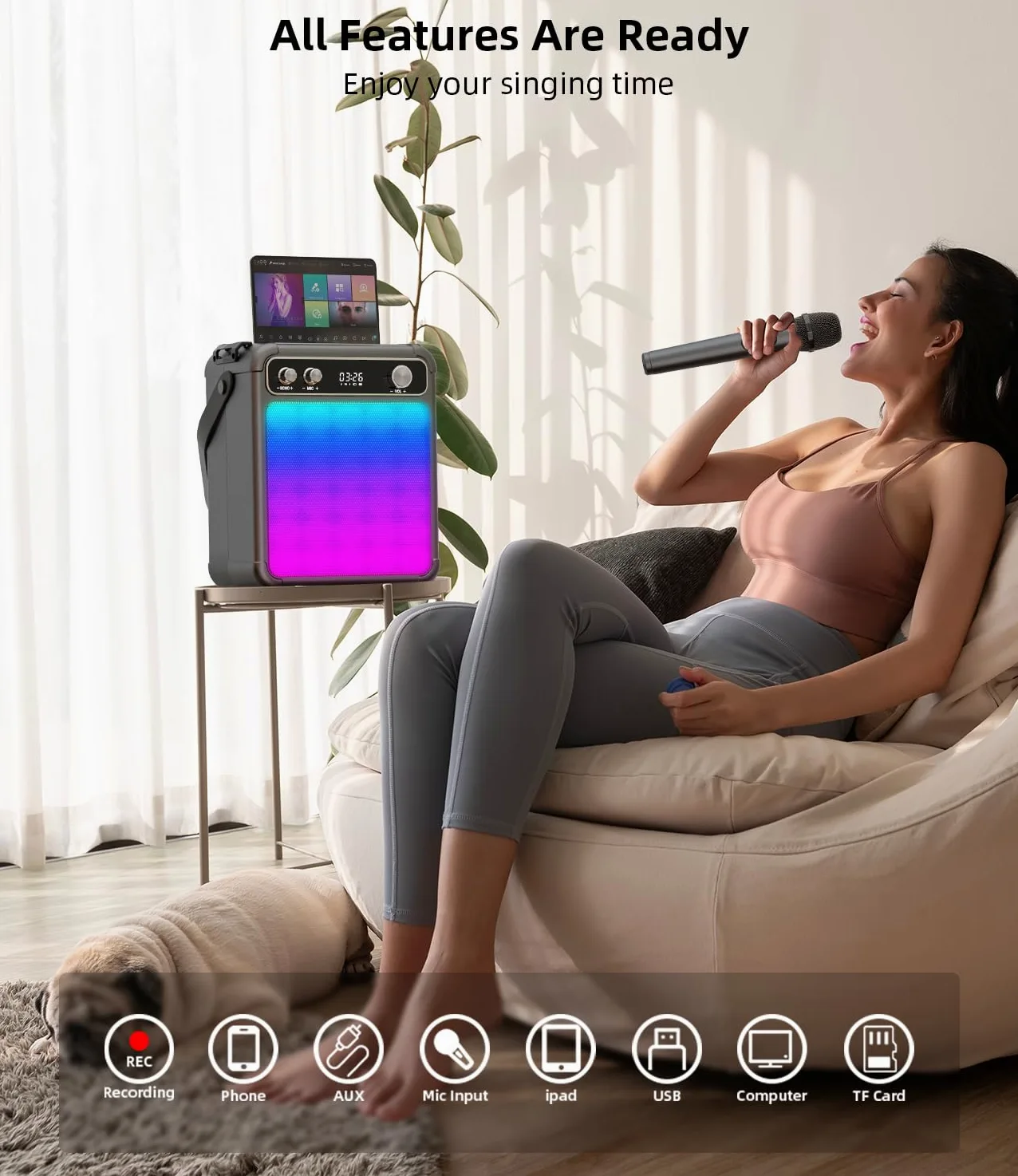 Zestaw karaoke z 2 bezprzewodowymi mikrofonami dla dorosłych, przenośny głośnik Bluetooth do karaoke ze światłami LED/ECHO, obsługuje TF, USB, AUX, TWS na imprezy, na zewnątrz