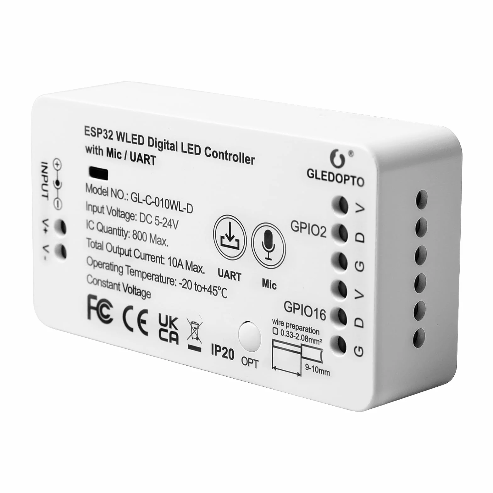 Kontroler Wled ESP32, GL-C-010WL-D WLED, cyfrowy kontroler światła z funkcją MIC, Esp32 Addressable Strip z mikrofonem WS2811 2812B 2813 2815 GS8208 SM16703PSK6812 TM1814 ,5-24 V