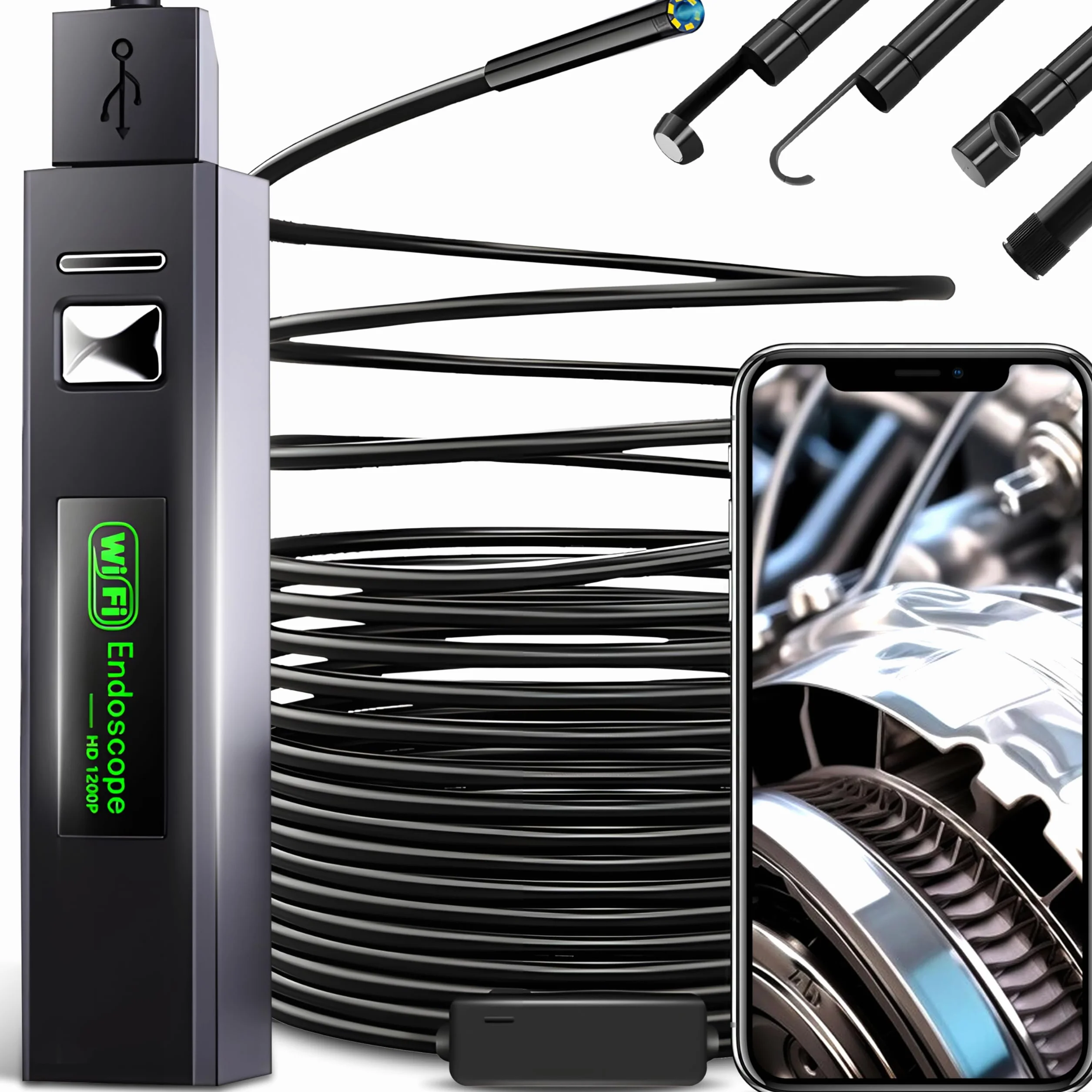 Retoo Kamera endoskopowa z magnesem 5m, 720p HD, 1600x1200px WiFi, akumulator 600mAh, IP68, haczyk, do telefonu komórkowego kamera inspekcyjna z oświetleniem LED do systemu Android OS PC, Tablet