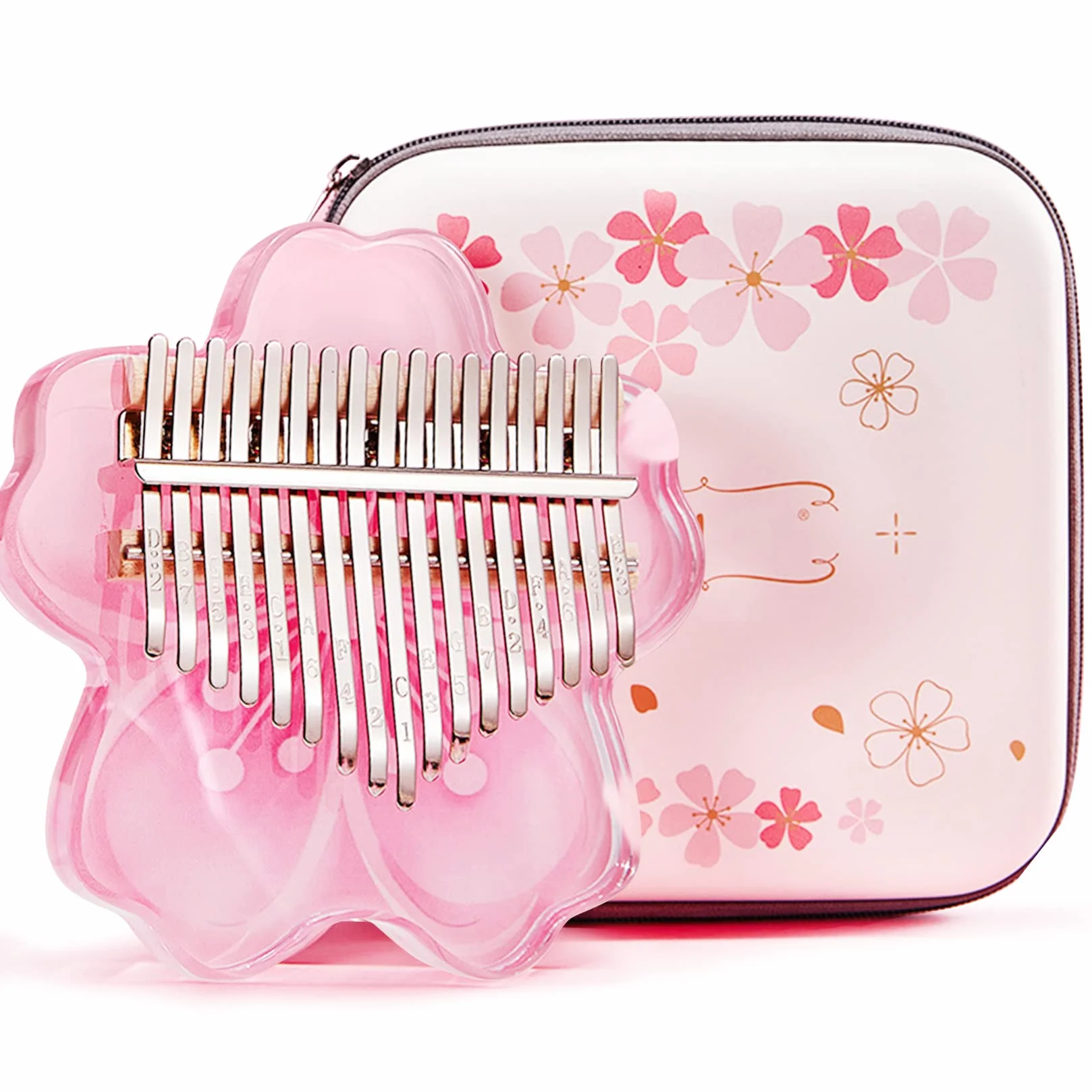 BOTOWI Zestaw 21 przezroczystych klawiszy kalimba na kciuk Sakura Shape Transparent Crystal Kalimba 17 klawiszy z etui ochronnym EVA, profesjonalne instrumenty muzyczne, różowe 17 klawiszy