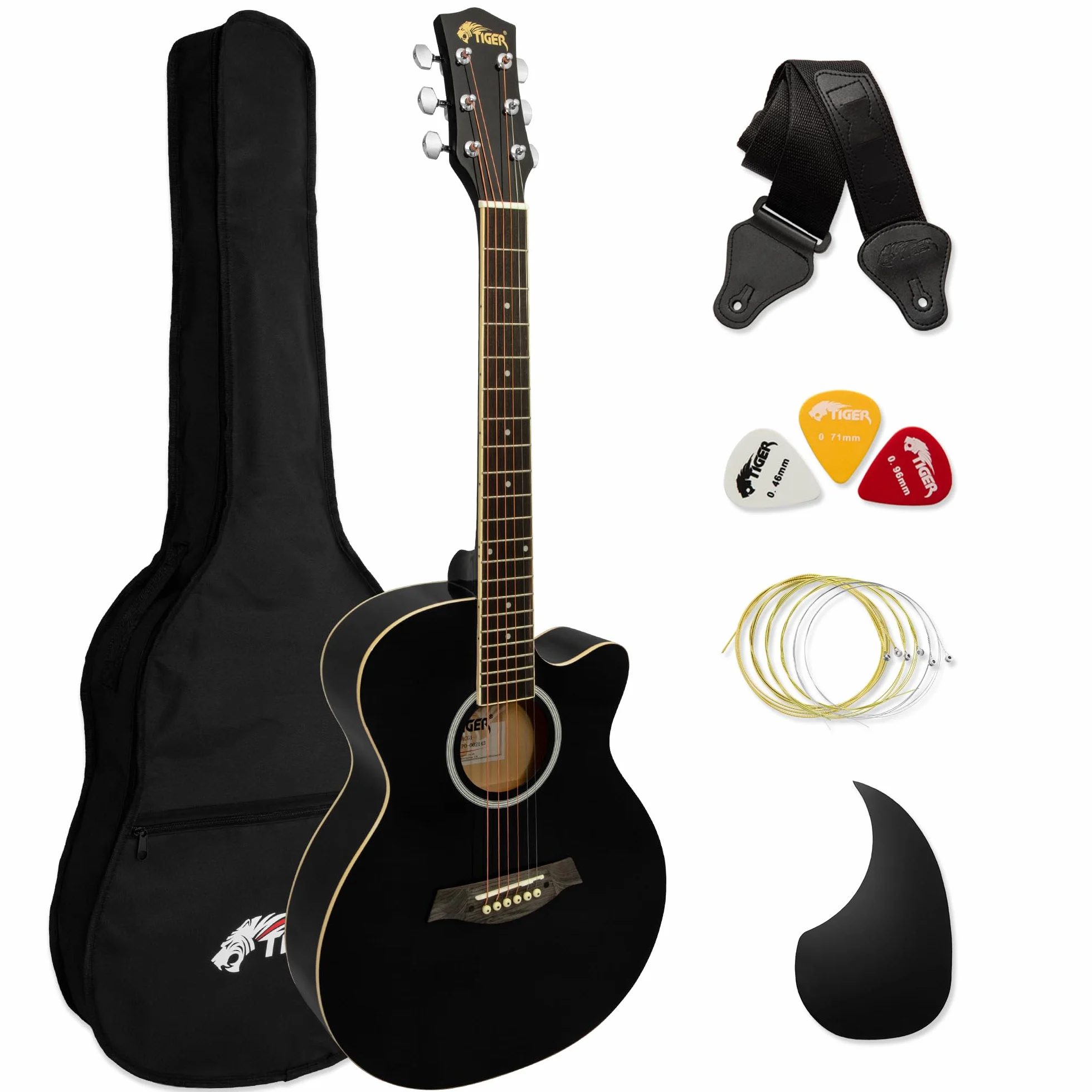 Gitara akustyczna z małym ciałem tygrysa dla początkujących - czarna, pełna