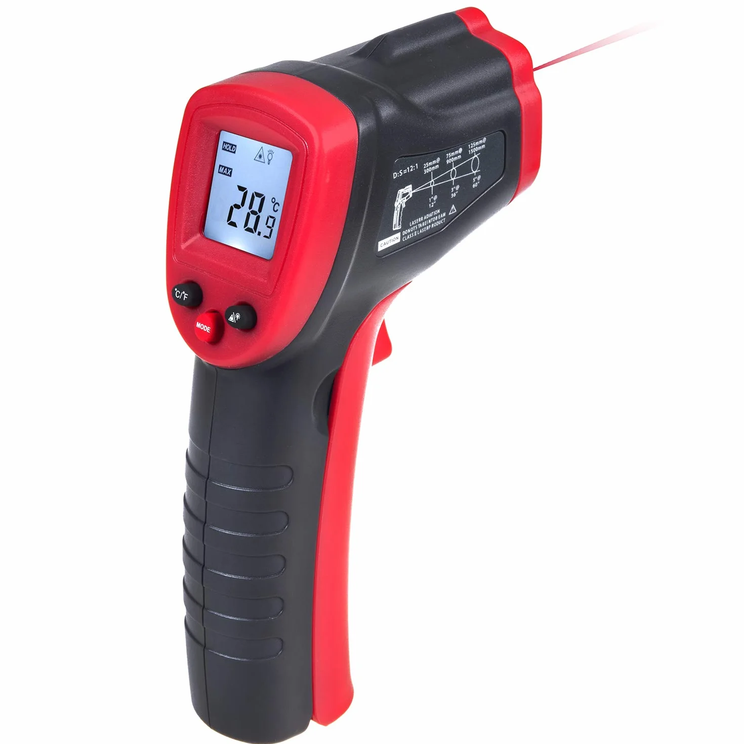Maclean MCE320 bezdotykowy termometr na podczerwień, pirometr na podczerwień, cyfrowy pistolet temperaturowy, od -50 do +380°C, czerwony/czarny