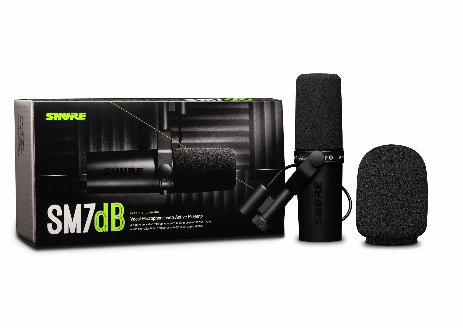 Shure SM7dB Dynamiczny mikrofon wokalowy do transmisji, podcastów i nagrywania, szeroki zakres częstotliwości, ciepły i gładki dźwięk, solidna konstrukcja, zdejmowana osłona przeciwwietrzna - czarny