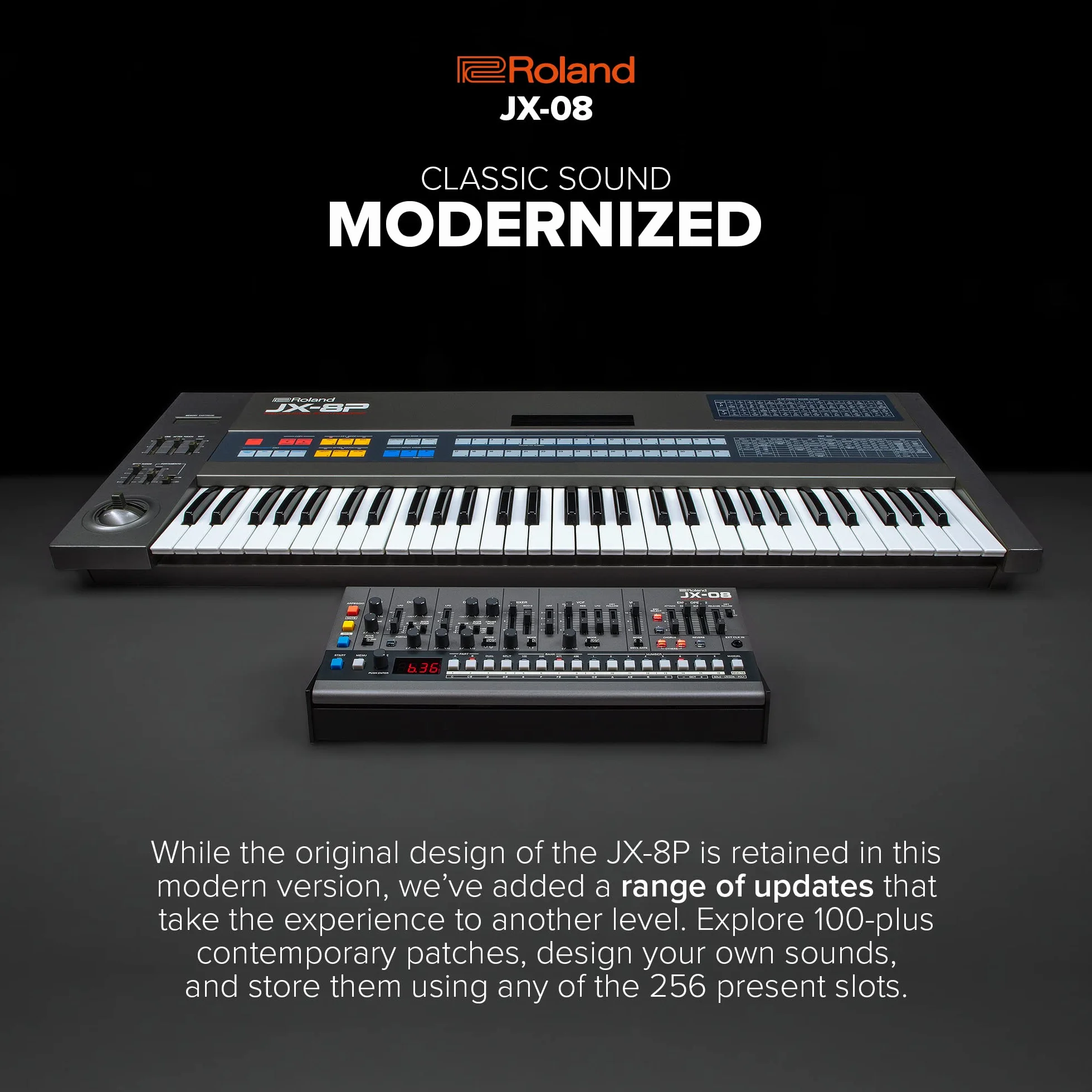Syntezator Roland Boutique JX-08 – Kompaktowa, Nowoczesna Reedycja Legendarnego Roland JX-8P z 1985 roku z Nowymi Efektami, Sekwencerem Polifonicznym i nie tylko – Lekkie, Mobilne