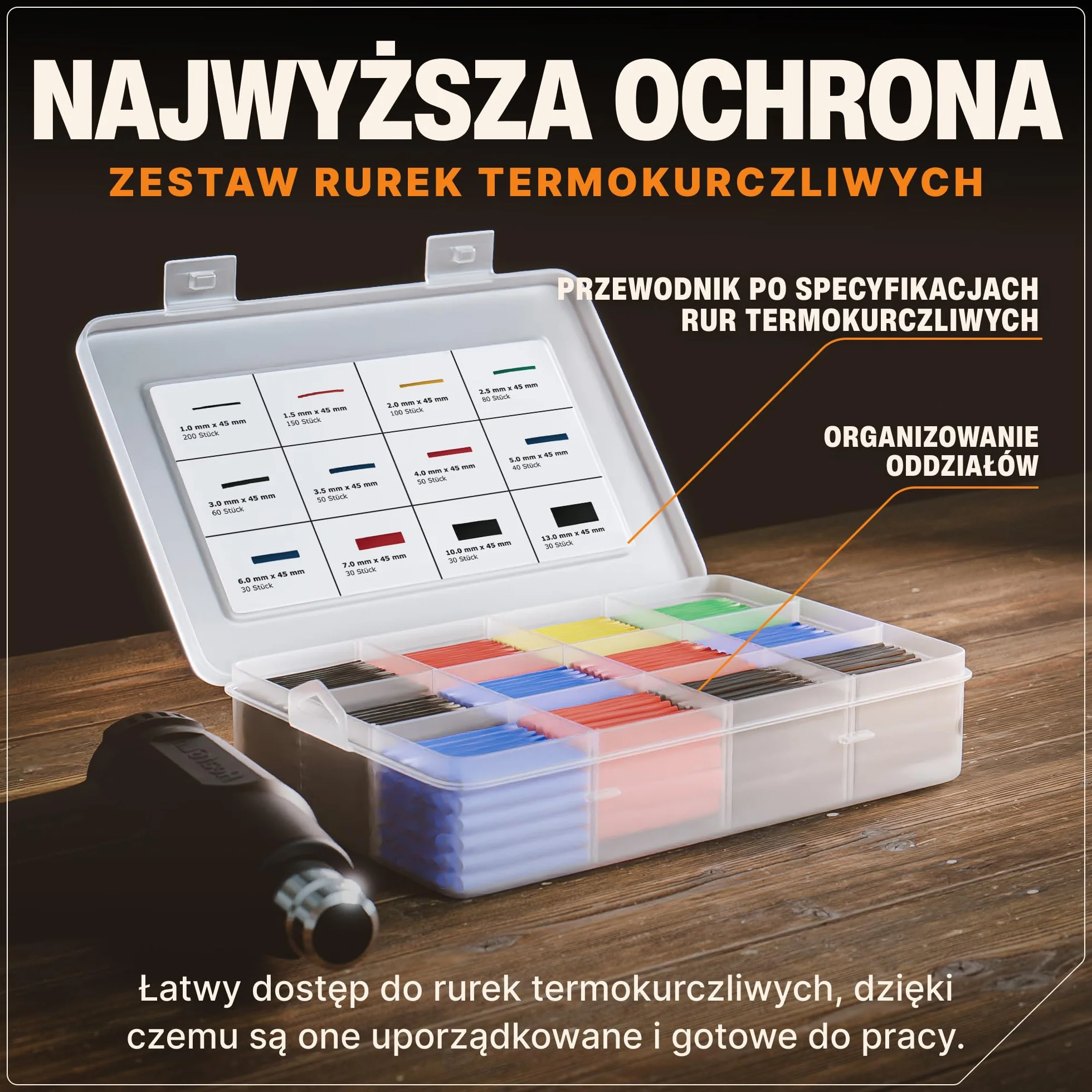 BAURIX® Zestaw rur termokurczliwych 850 sztuk - Kolorowy asortyment rur termokurczliwych- Stosunek skurczu 2:1 - Rury termokurczliwe - Rury izolacyjne do kabli - Zestaw rur termokurczliwych