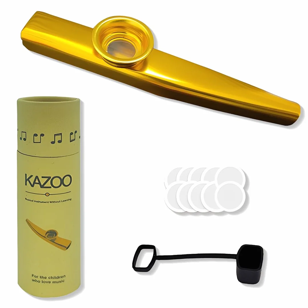 Gold Kazoo Instrument Profi, z 10 membranami Kazoo, osłona ochronna i rurka, do ukulele, gitary, towarzyszenie początkującym, kreatywność