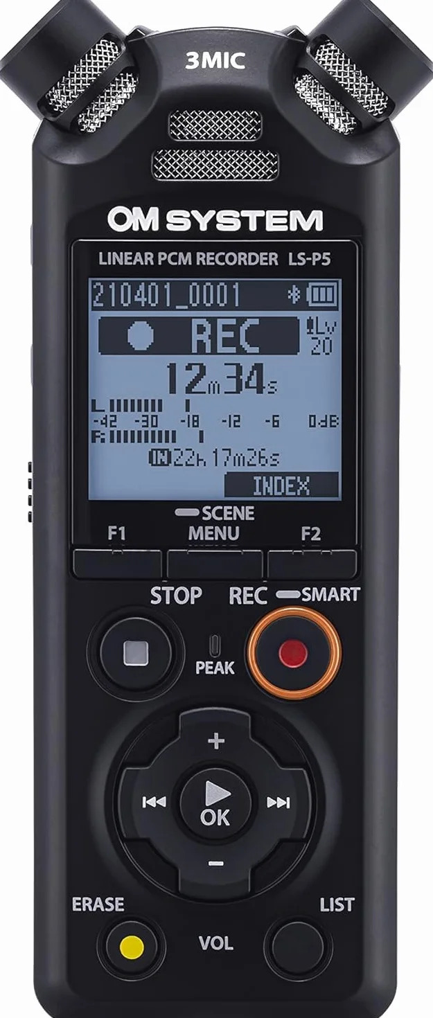 OM SYSTEM LS-P5 Rejestrator Audio Hi-Res – System 3 mikrofonów TRESMIC II, Bluetooth, 16GB, 37h, profesjonalne nagrania, sterowanie smartfonem, USB, PCM/FLAC/MP3