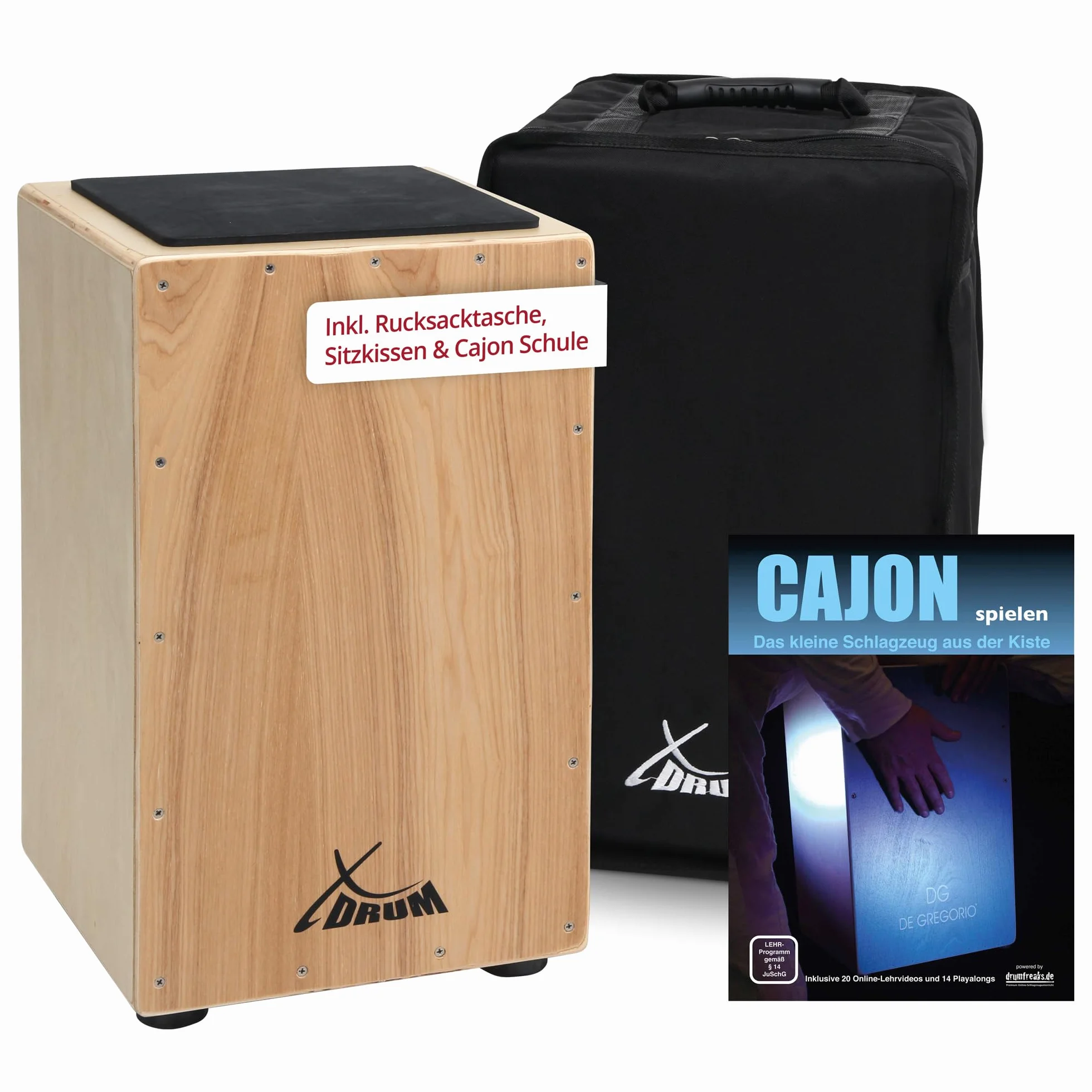 XDrum Primero Cajon naturalny, w tym kieszeń (dźwięk snare, bęben pudełkowy, pudełko perkusyjne, drewno, w tym torba Gig Bag i klucz imbusowy)