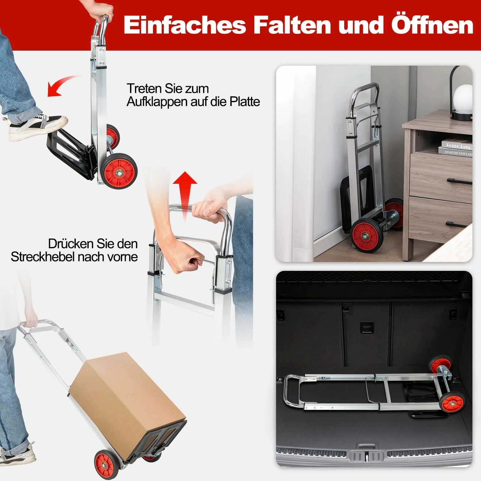 COSTWAY Wózek transportowy składany, wózek transportowy z uchwytem teleskopowym i składaną powierzchnią ładunkową, obciążenie do 100 kg, aluminiowy wózek ręczny, do domu, ogrodu, magazynu