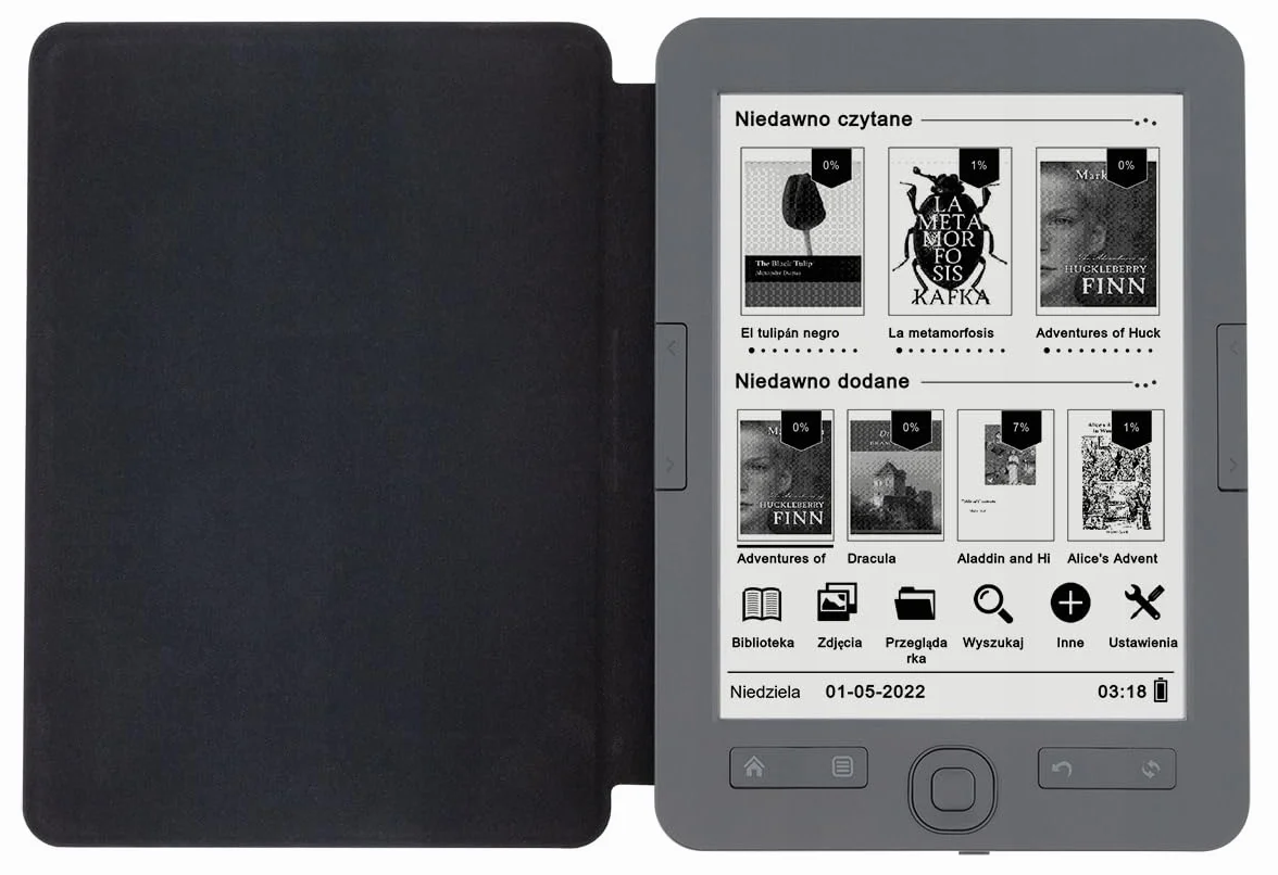Czytnik e-book Bemi Cognita+ z Ekranem E-Ink Carta 6 cali, 4GB Pamięci, Wbudowanym Etui Skórzanym, Obsługą PDF Reflow – Szary