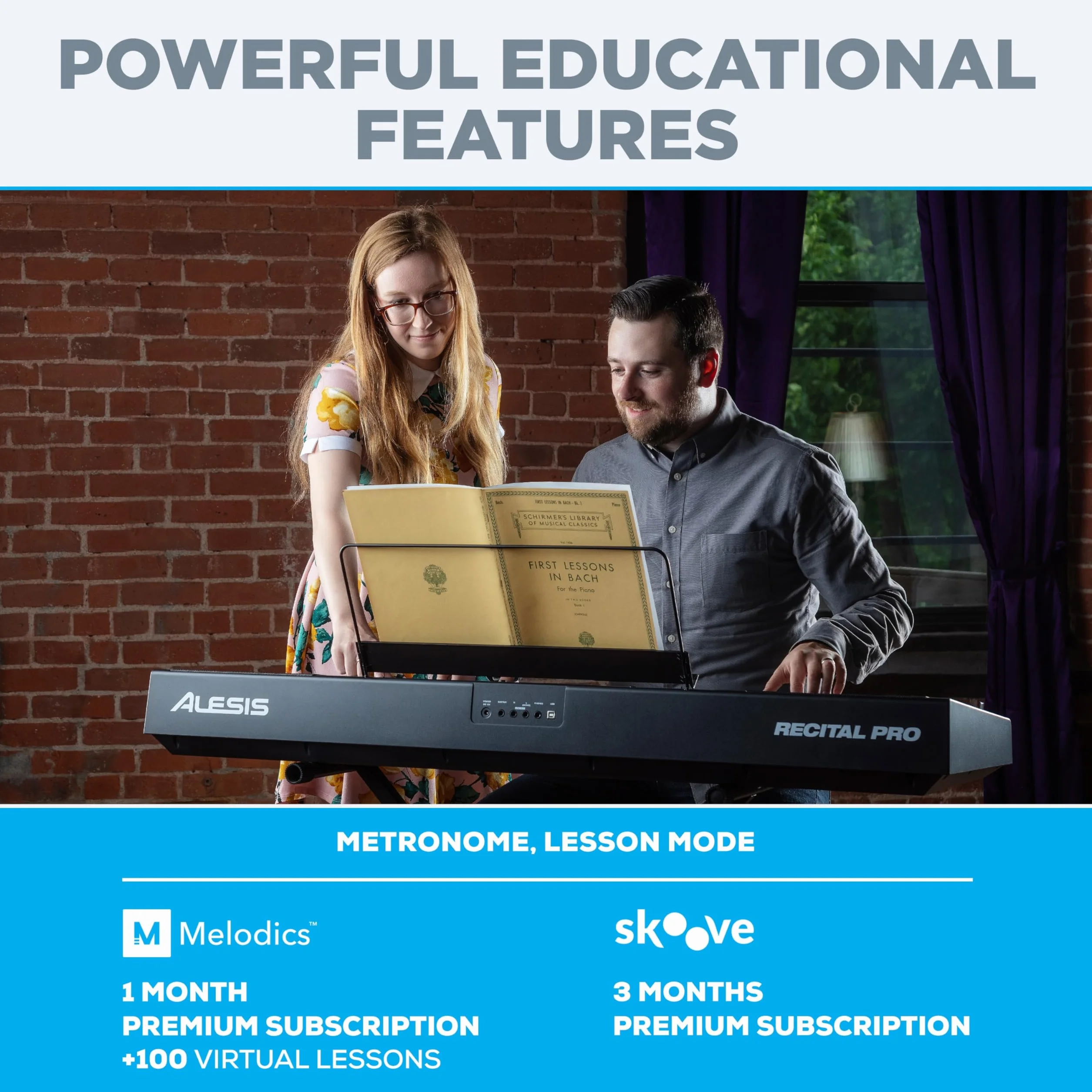 Alesis Recital Pro - Cyfrowe Pianino Elektryczne; Keyboard z 88-Klawiszową Ważoną Klawiaturą Młoteczkową, 12 Brzmieniami i Wbudowanymi Głośnikami