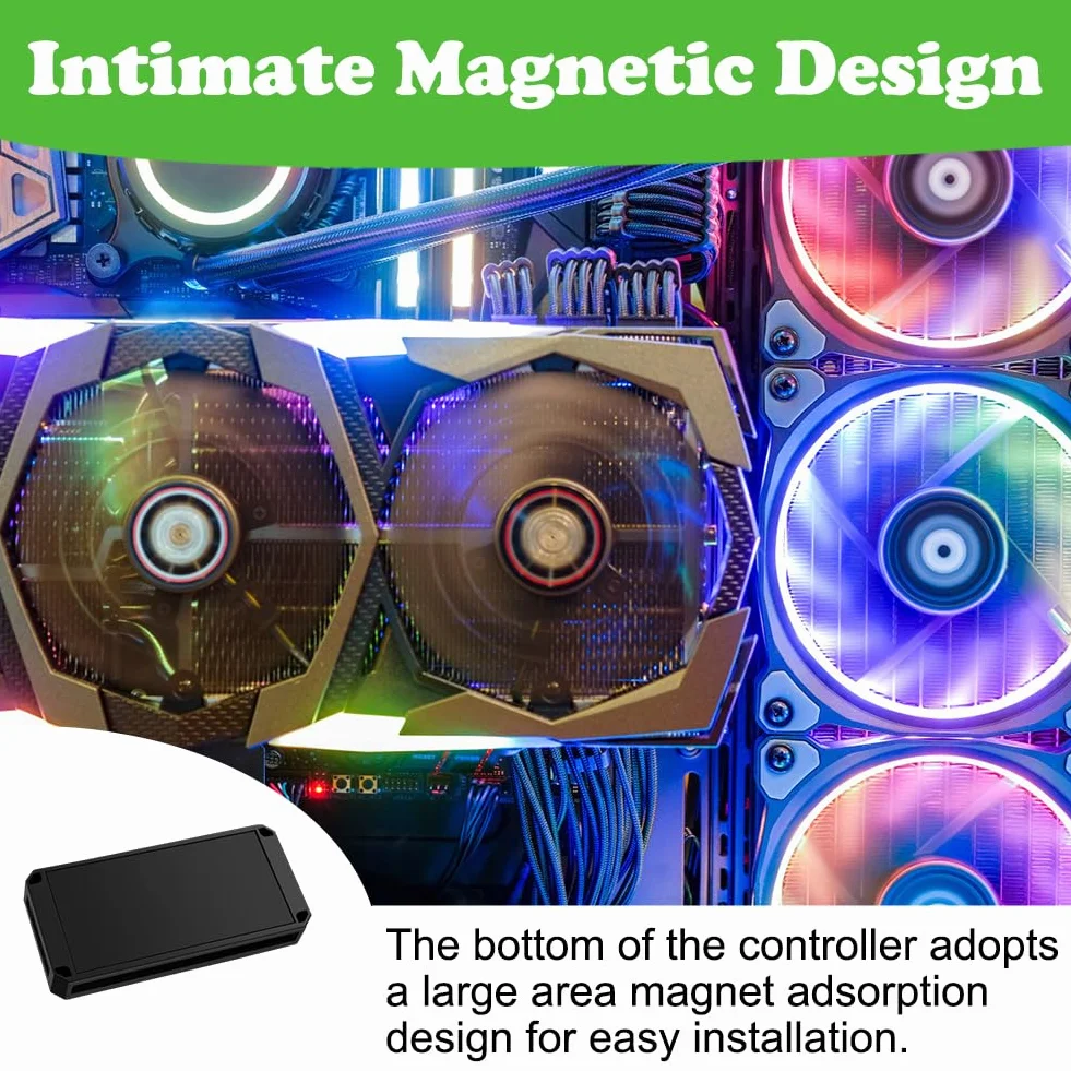 2-w-1 ARGB PWM Fan Hub z kontrolerem, 9 x 5 V 3-pinowe porty ARGB, 9 x 4-pinowe złącza wentylatora PWM, koncentrator RGB z portem SATA Power 18 i pilotem zdalnego sterowania i podstawą magnetyczną
