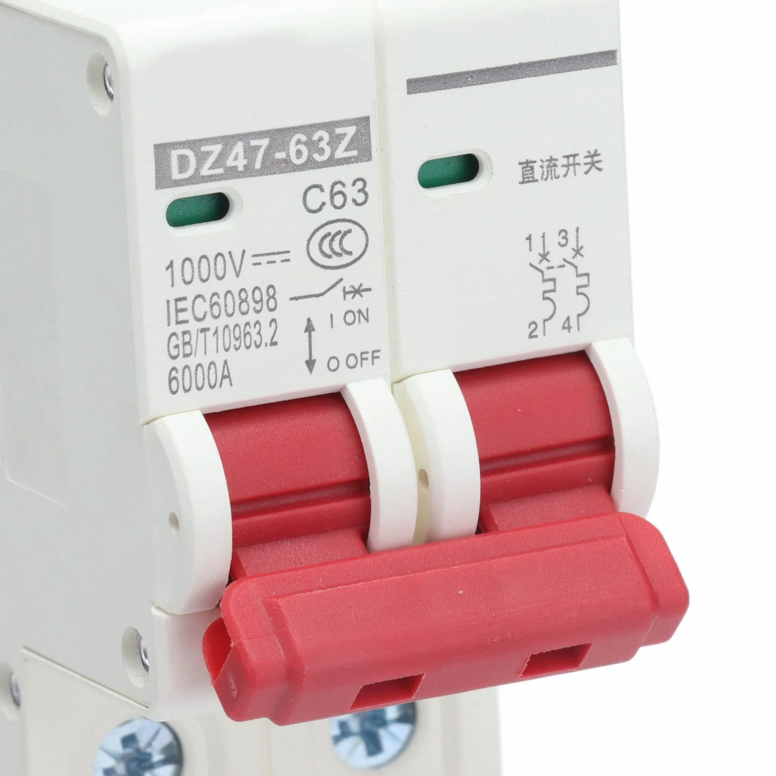 Miniaturowy Automatyczny Przełącznik 2P 63A DC 1000V, Fotowoltaiczny Solarny Rozdzielacz Prądu Stałego, Montaż na Szynie DIN, 6000A Zdolność Wyłączania