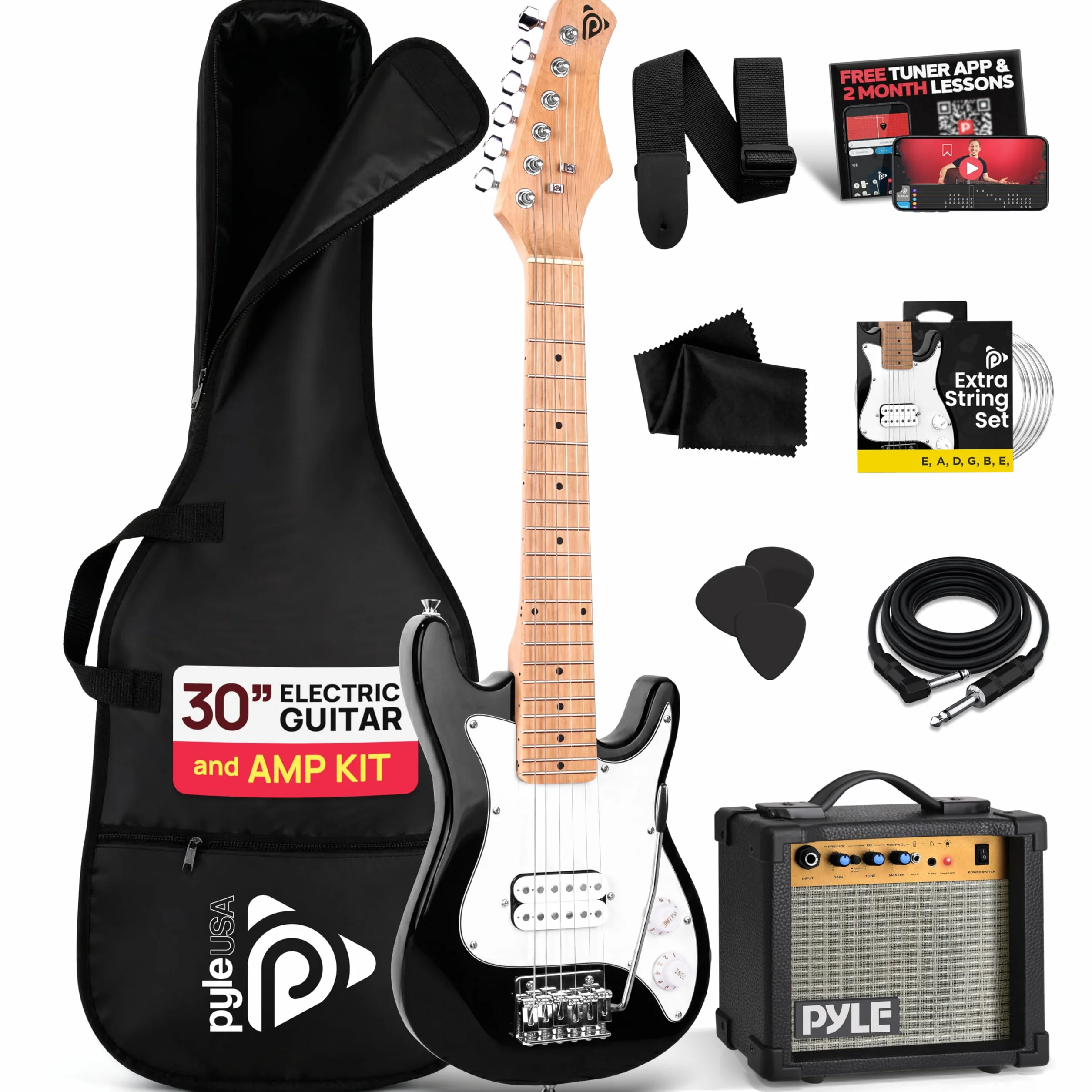 Pyle Gitara elektryczna dla dzieci, gitara elektryczna z wzmacniaczem, zestaw gitar, mały rozmiar - 76 cm, świetny prezent świąteczny dla dzieci, 2 miesiące darmowych lekcji, wzmacniacz 10 W, torba na