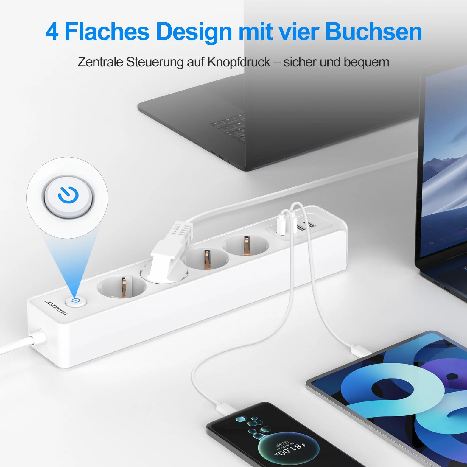 Darbony Listwa zasilająca z 4 gniazdami USB, z przełącznikiem, 4-krotna, ochrona przed przepięciem, 3680 W, 16 A, z gniazdem rozdzielającym USB C, do biura, odtwarzacz CD, kabel 1,8 m, biała