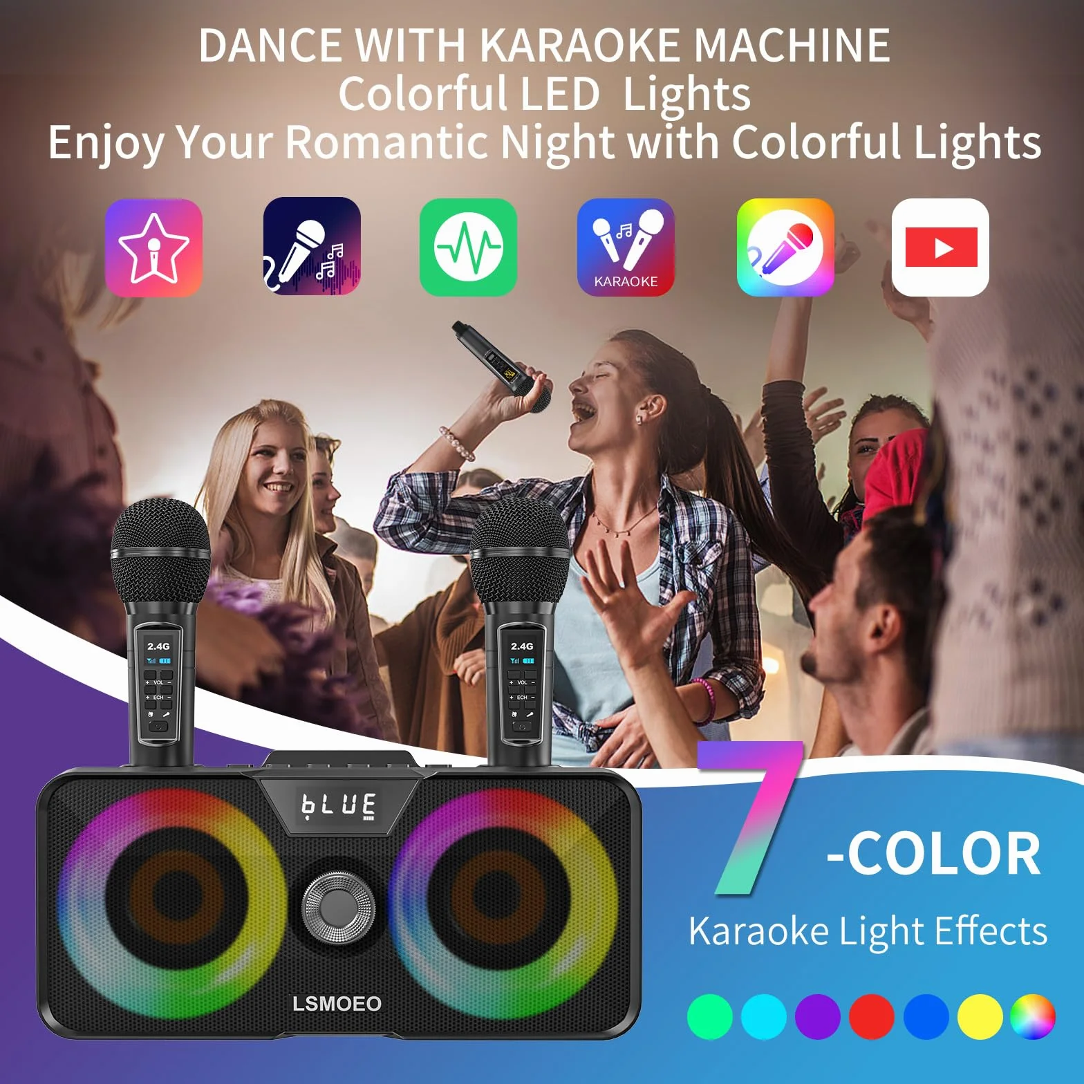 Maszyna do karaoke dla dorosłych i dzieci z 2 mikrofonami bezprzewodowymi UHF,przenośny głośnik Bluetooth PA z oświetleniem imprezowym LED na imprezę domową,piknik,samochód,prezenty urodzinowe