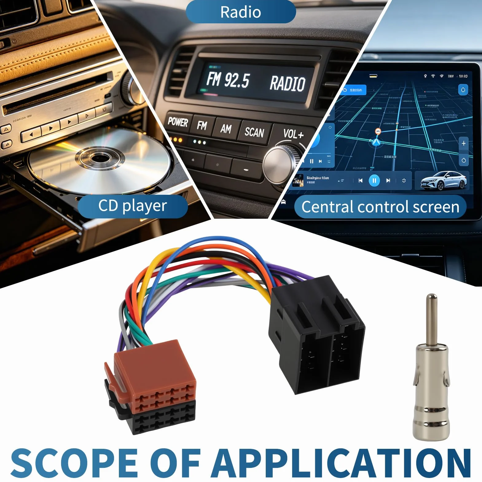 Zestaw adapterów do radia samochodowego, 16 pinów, wtyczka ISO na gniazdo, adapter antenowy DIN/ISO z zaciskiem wtykowym 15 i 30, przedłużacz radia do radia samochodowego, wiązki kabli, adapter do
