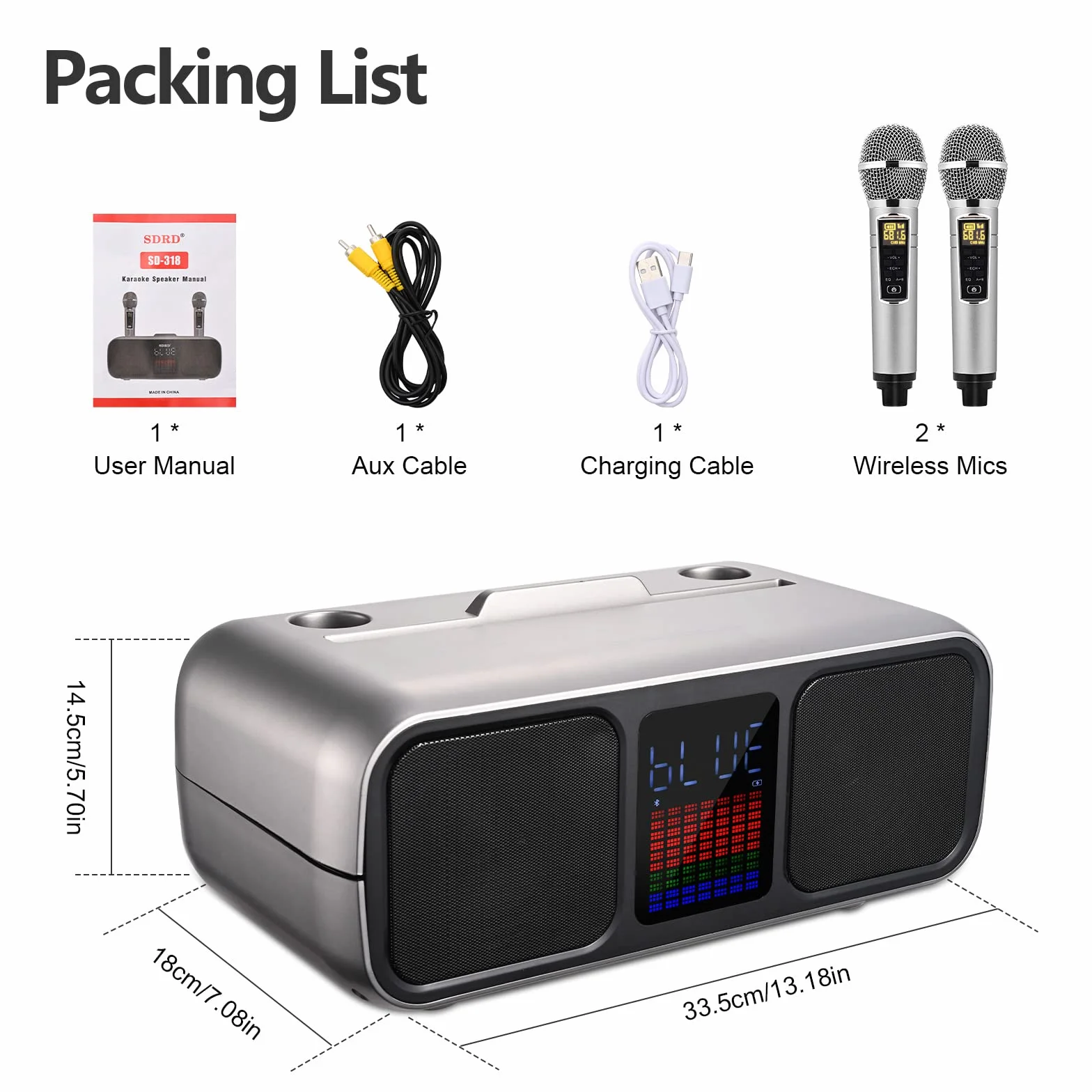 Zestaw do karaoke Party Speaker z 2 bezprzewodowymi mikrofonami, głośnik do karaoke Bluetooth z ekranem dotykowym, diodami LED i podstawkami na telefon, głośnik do karaoke dla dzieci z /USB