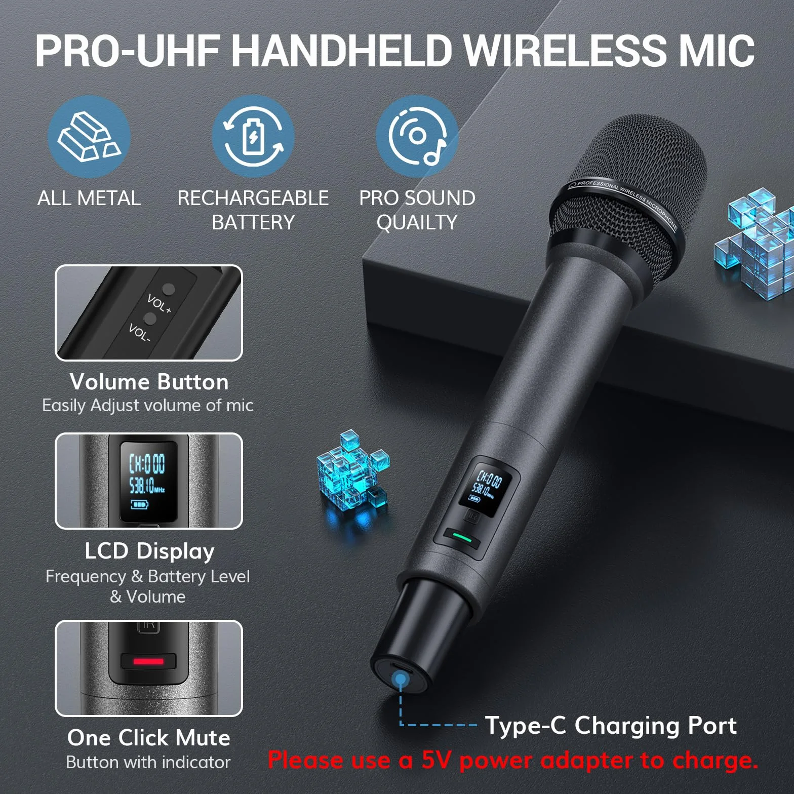 TONOR Bezprzewodowy System Mikrofon Ręczny Inalambrico, Zasięg UHF 80m, 2 * 100 Mikrofony Stabilną Transmisją Karaoke, Slub, Impreza, Kościół, Czytanie, Regulowana Głośność, Szybkie Wyciszenie, TW520