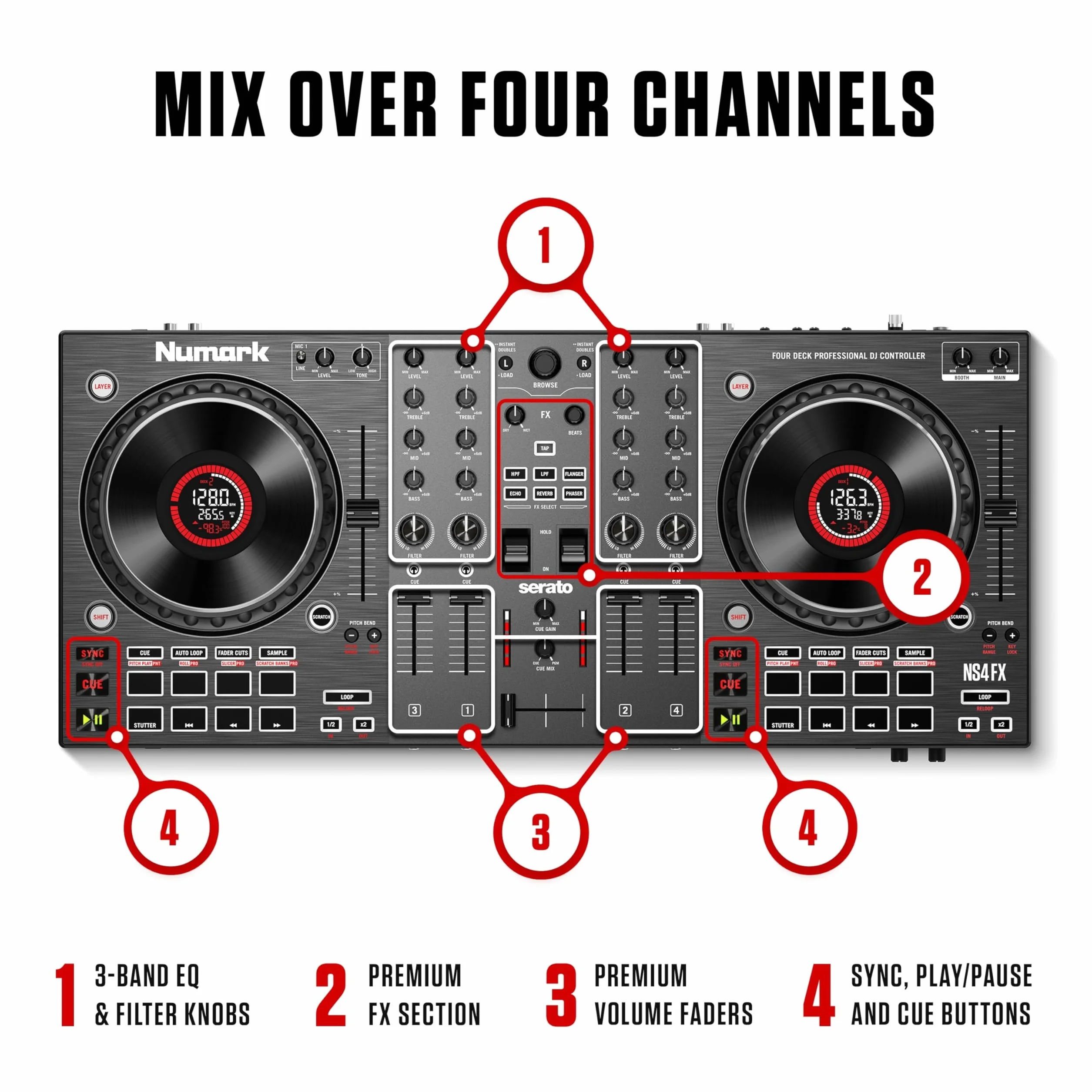 Numark NS4FX 4-Kanałowy DJ Kontroler, Dotykowe Koła Jog z Wyświetlaczem, Pady i Efekty, Wyjście Booth i Główne, w Komplecie Serato DJ Lite