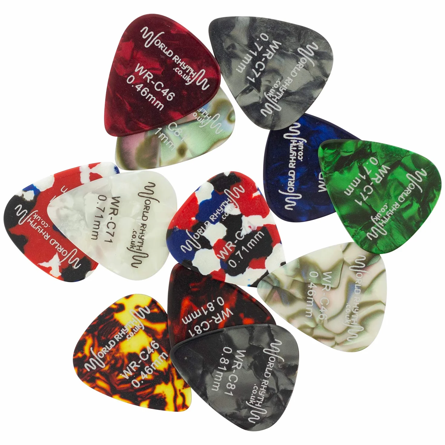 Kostka do gitary puszka i plektrony gitarowe - 12 kostek gitarowych o różnych grubościach, 0,46 mm, 0,71 mm, 0,81 mm WR-208
