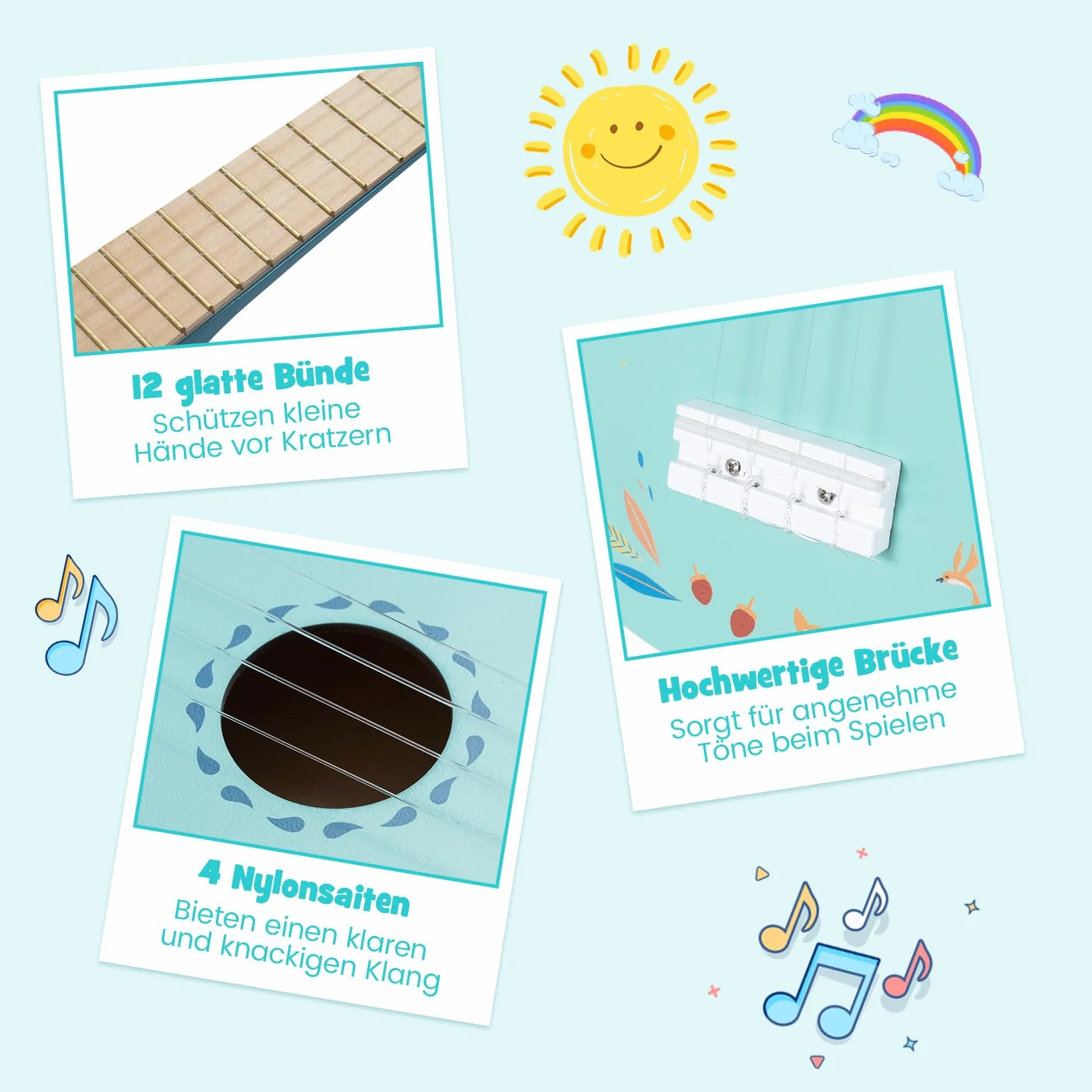 COSTWAY Ukulele dla dzieci, małe ukulele z korpusem z drewna basowego i 4 strunami nylonowymi, pedagogiczny instrument muzyczny, gitara dla początkujących od 3 lat, jasnoniebieskie