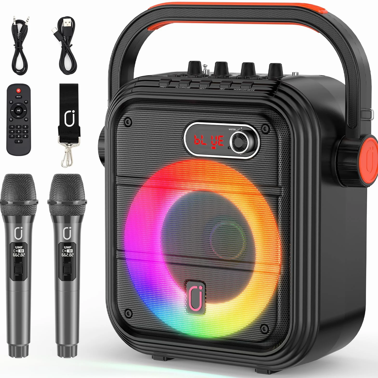 JYX 66PRO Maszyna do karaoke z 2 mikrofonami bezprzewodowymi, system PA z wysokimi i basami, przenośny głośnik Bluetooth ze światłem RGB, obsługuje transmisję na żywo/monitoring, nadaje się dla