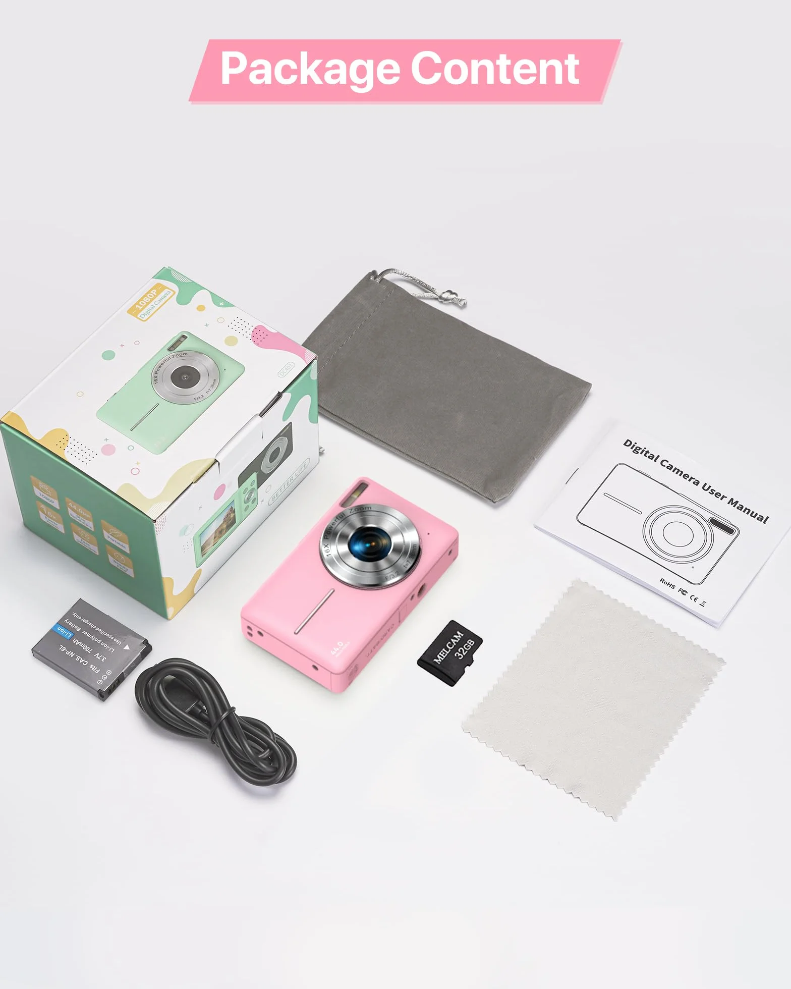 Kompaktowy aparat cyfrowy 1080P FHD 44 MP przenośny mini mały aparat fotograficzny z ekranem LCD 2,4 cala, 16-krotnym zoomem cyfrowym i 1 baterią kamera do vlogowania dla dzieci, dziewcząt, chłopców