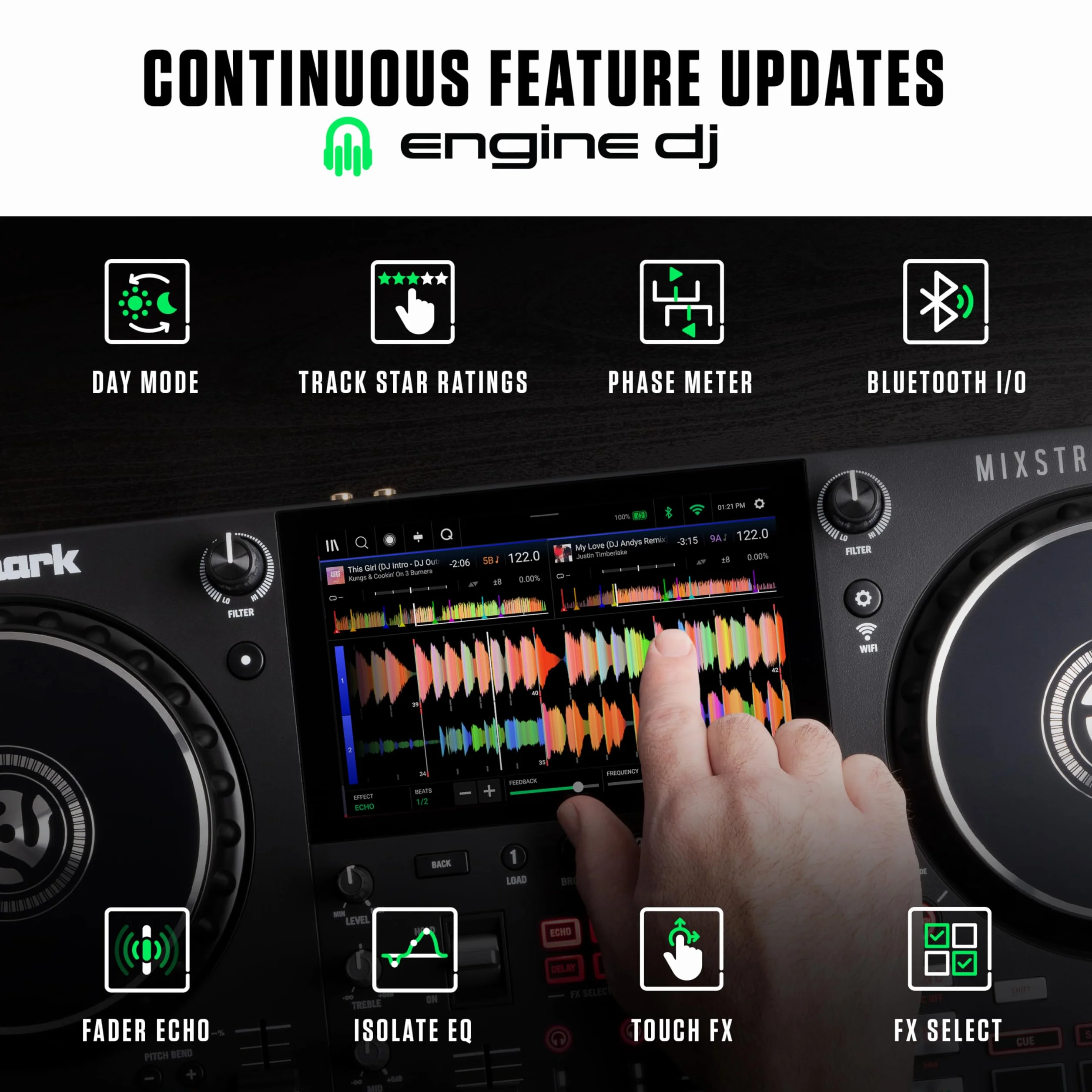 Numark Mixstream Pro+ Kontroler DJ z separacją stemów, 2 deckami, Wi-Fi, mikserem, ekranem 7″ i głośnikami, kompatybilny z Serato i Virtual DJ