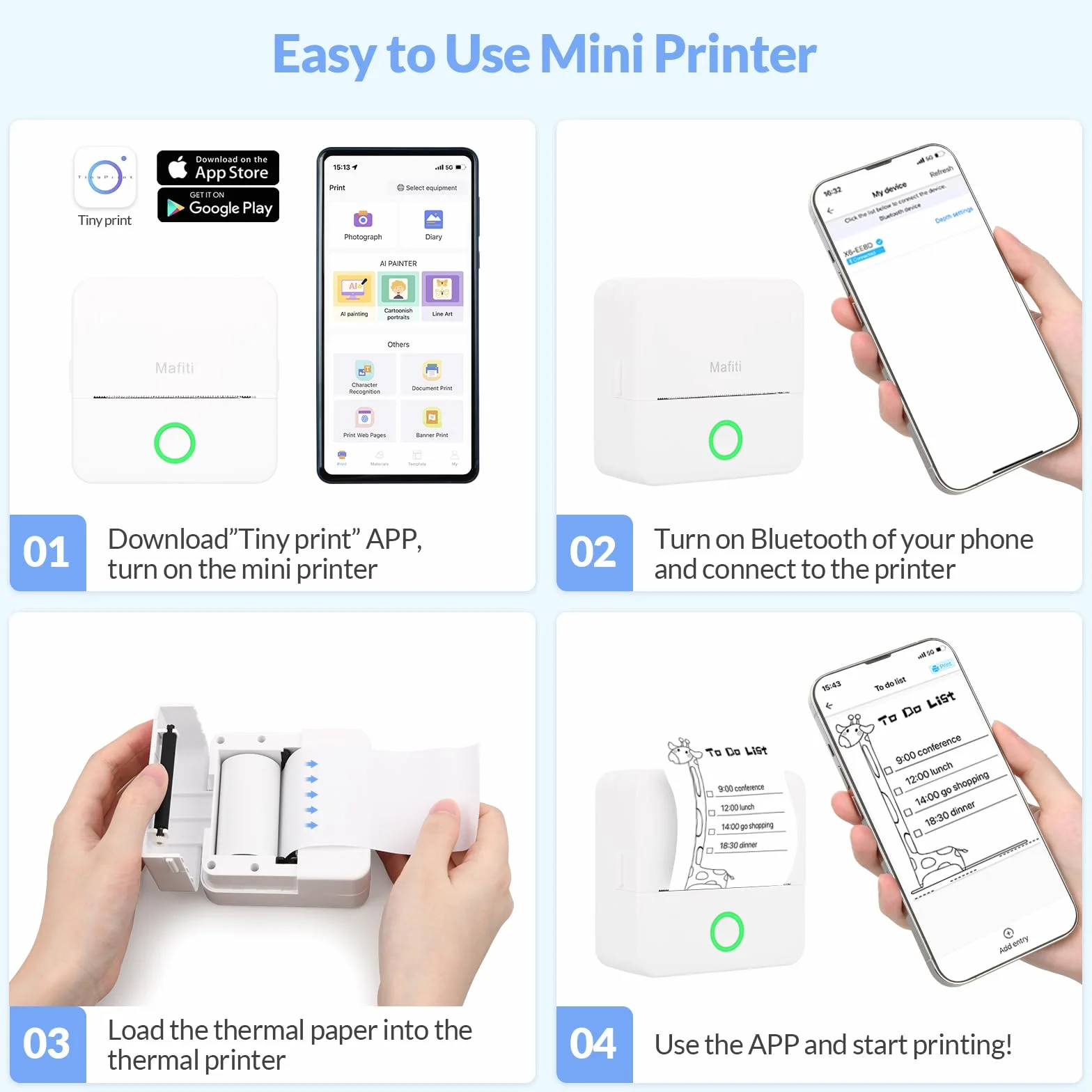 mafiti Mini termiczna drukarka fotograficzna Bluetooth, kompatybilna z systemem iOS Android, do pomocy w nauce, do biura, na etykietę paragonową, zabawa, praca, dziennik