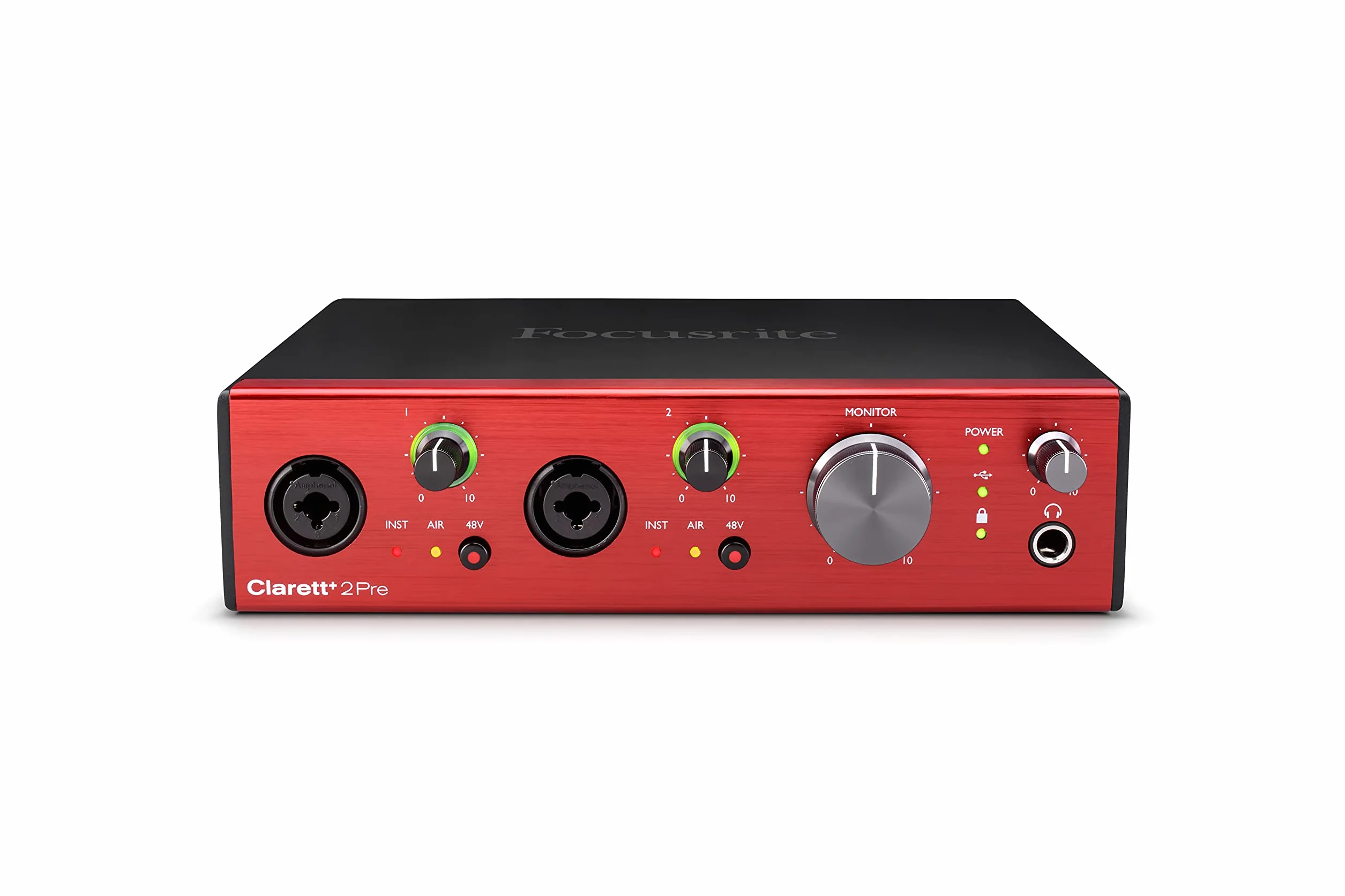 Interfejs audio Focusrite Clarett+ 2Pre zasilany USB-C do produkcji muzyki, z dwoma profesjonalnymi przedwzmacniaczami i wydajnymi wyjściami słuchawkowymi/instrumentami o wysokiej wierności