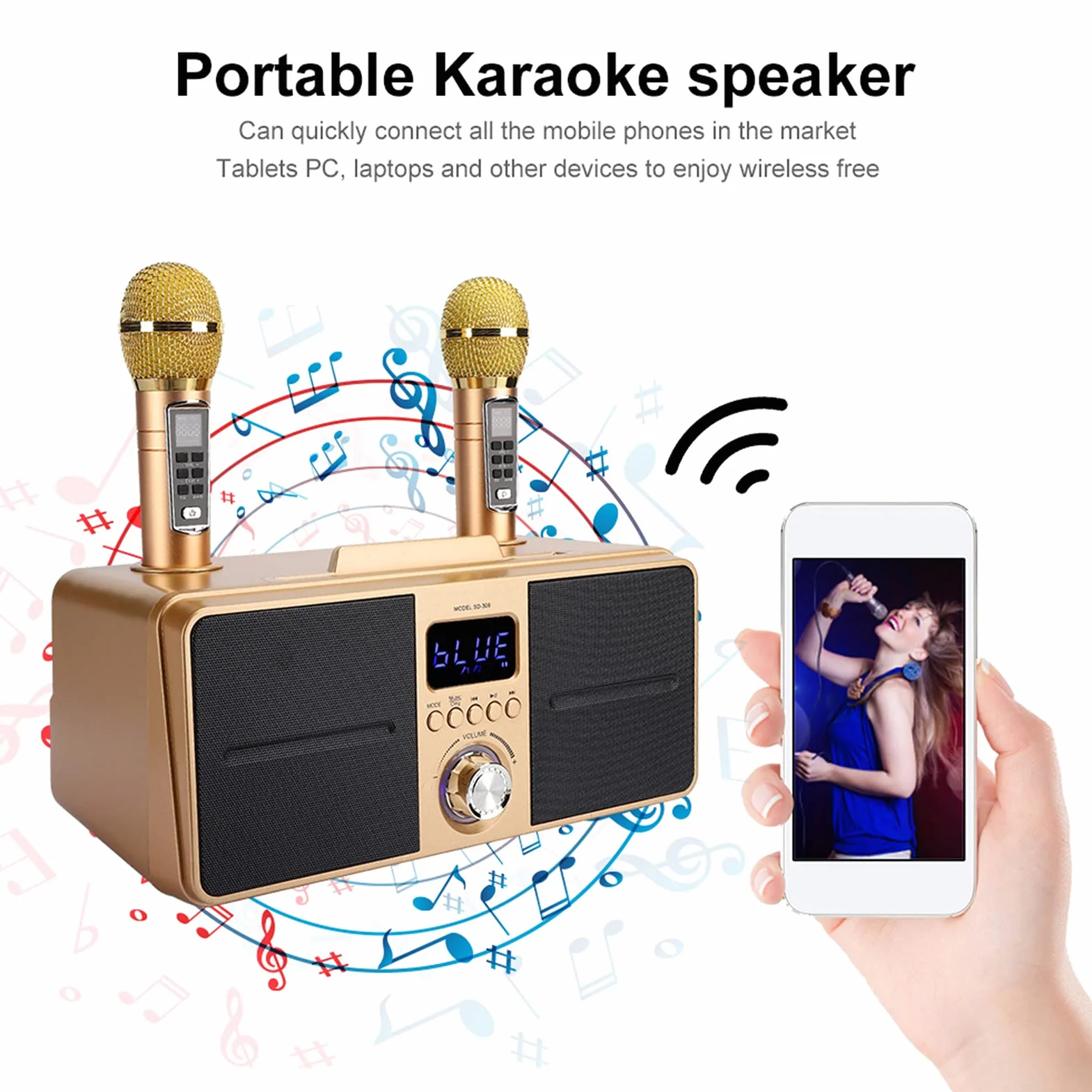 Przenośny zestaw mikrofonów do karaoke z podwójnym mikrofonem bezprzewodowym, Bluetooth 4.2, karta pamięci, AUX, dysk flash USB do domowej karaoke, spotkania, imprezy, kościoła itp. (złoty)