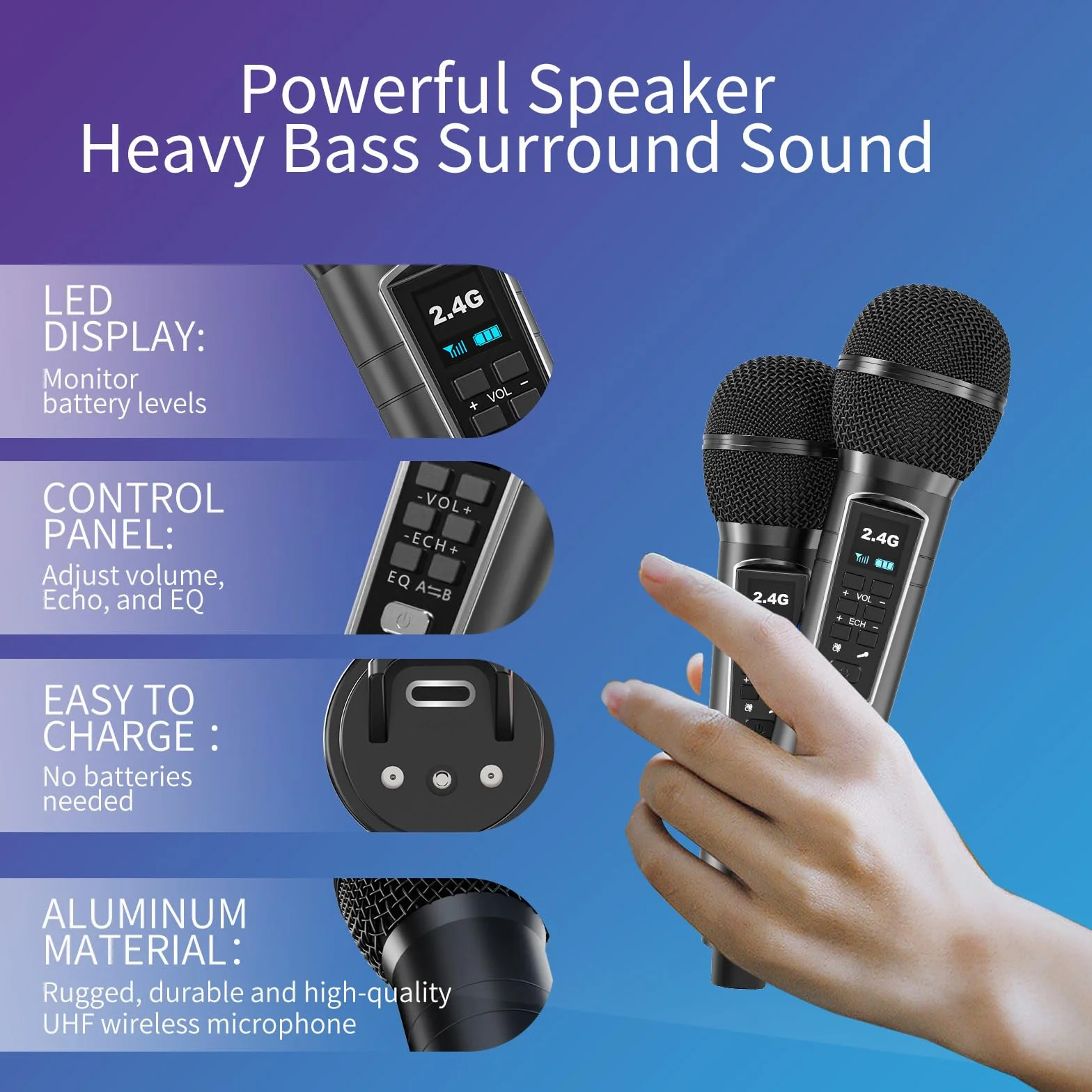 Maszyna do karaoke dla dorosłych i dzieci z 2 mikrofonami bezprzewodowymi UHF,przenośny głośnik Bluetooth PA z oświetleniem imprezowym LED na imprezę domową,piknik,samochód,prezenty urodzinowe
